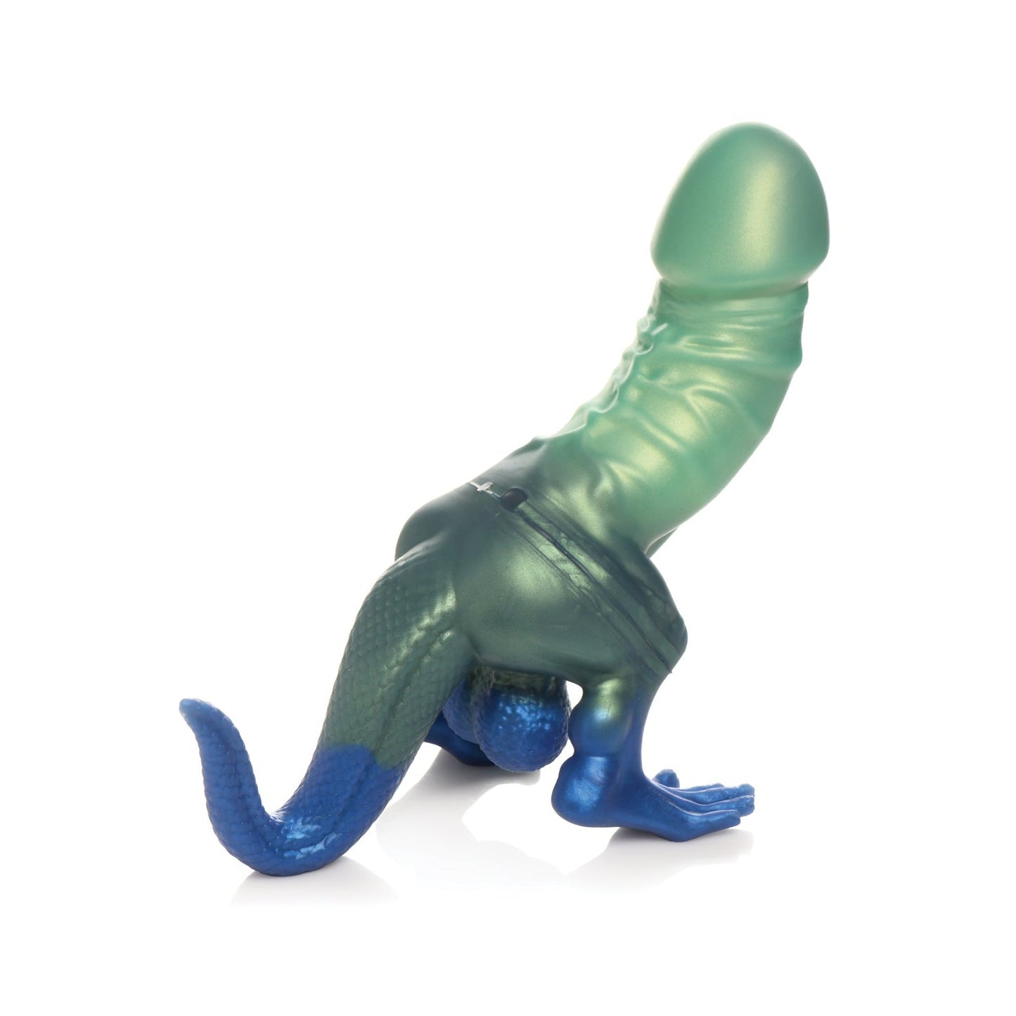 The Creature Cocks Jurassic Cock Dinosaur Silicone Dildo by Creature Cocks is a fantasy toy with a lizard-like design and elongated shape, perfect for prehistoric roleplay. It features a blue-to-green gradient and is displayed against a plain white background.