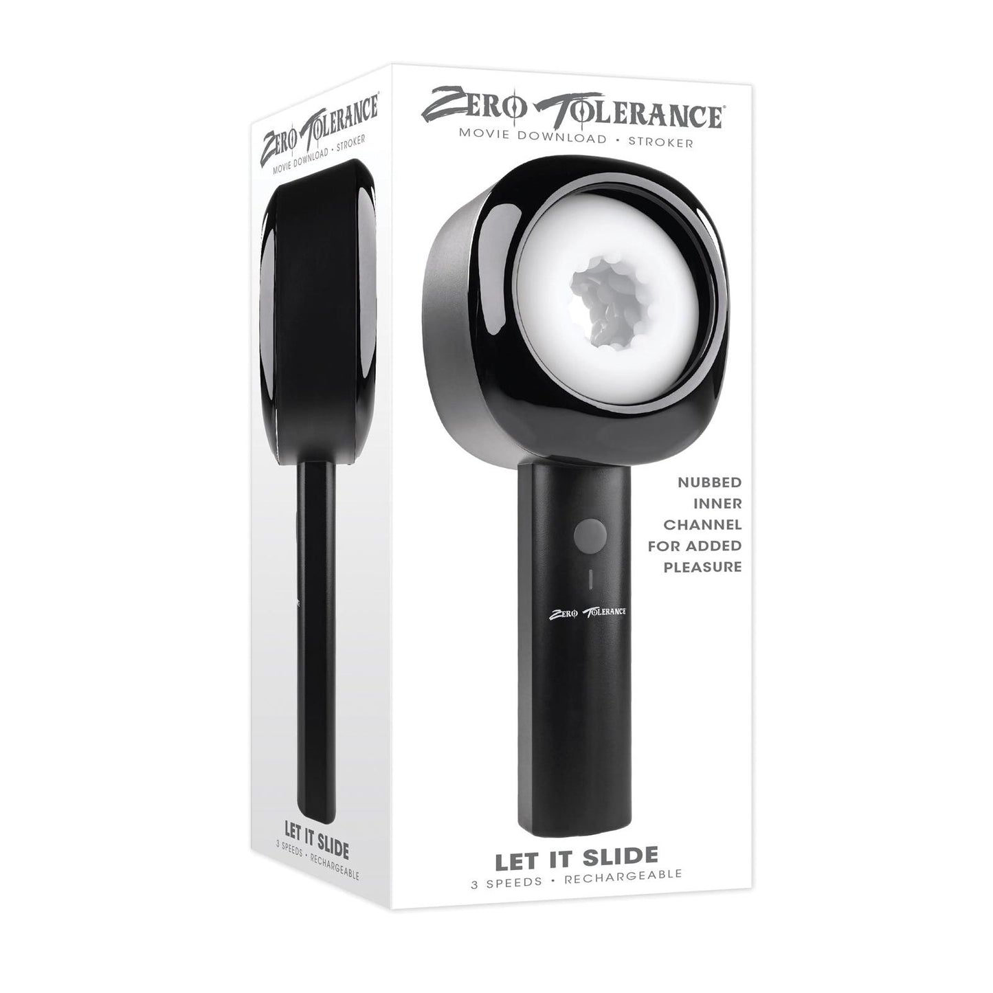 A black Zero Tolerance Let It Slide stroker by Evolved Novelties Inc. with a white nubbed inner channel and ergonomic handle is shown beside its box, which displays the product image and details.