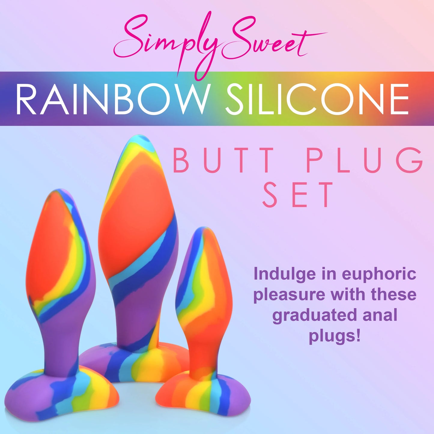Three rainbow-colored silicone butt plugs by Curve Novelties are displayed against a gradient background. Text reads: Indulge in euphoric pleasure with the Curve Toys Simply Sweet Rainbow Silicone Butt Plug Set! Ideal for anal training enthusiasts! Made from body-safe silicone.