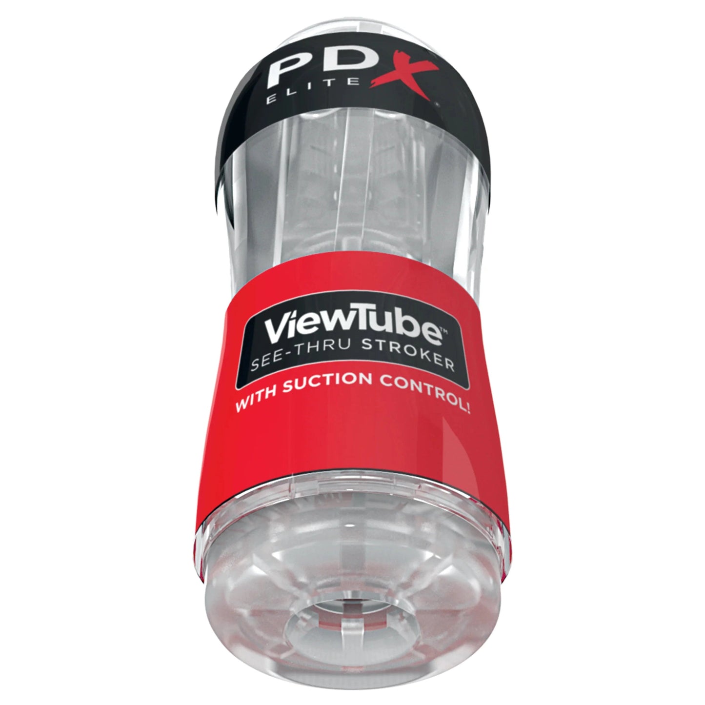 The PDX Elite ViewTube See-Thru Stroker is a transparent cylinder with adjustable suction, showcasing a sleek black and red design and visible internal components.