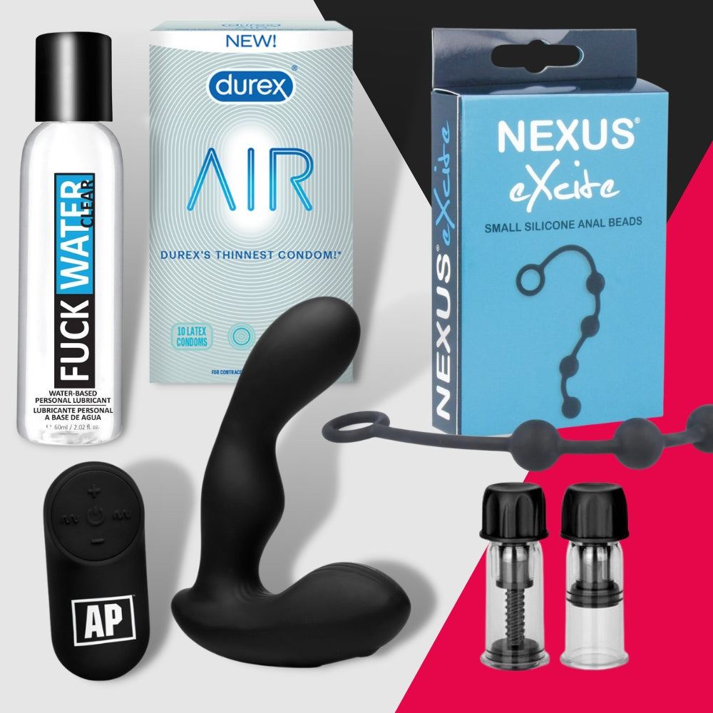 The Gays Night Out Subscription by Adams Toy Box includes Durex Air condoms, Nexus Excite anal beads, a remote-control prostate massager, F* Water lubricant, and two small containers. This premium adult collection is set against a pink and black backdrop.