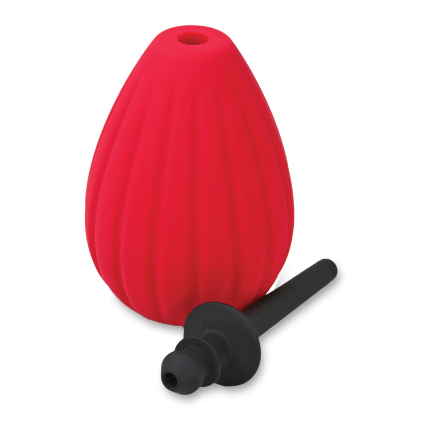 The Aneros Enema Bulb, featuring vertical ridges, is displayed in red silicone beside a black medical-grade rubber nozzle. With a top opening and detachable nozzle, its ideal for internal cleansing systems. The background is plain white.