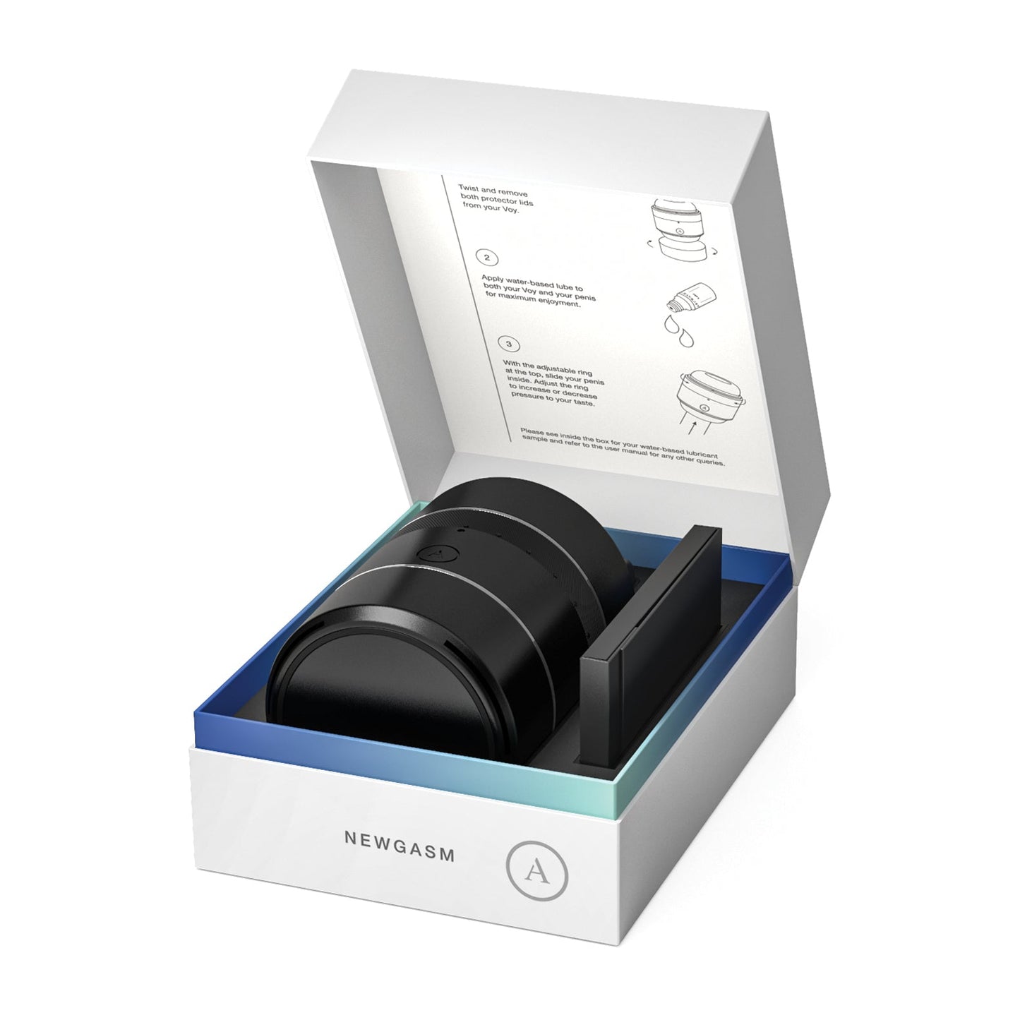 The open white box reveals the Arcwave Voy Compact Stroker in black, made with CleanTech silicone for an enhanced feel and hygiene. A small instruction card with line drawings is included. The box, labeled Arcwave, boasts a simple and modern packaging design.