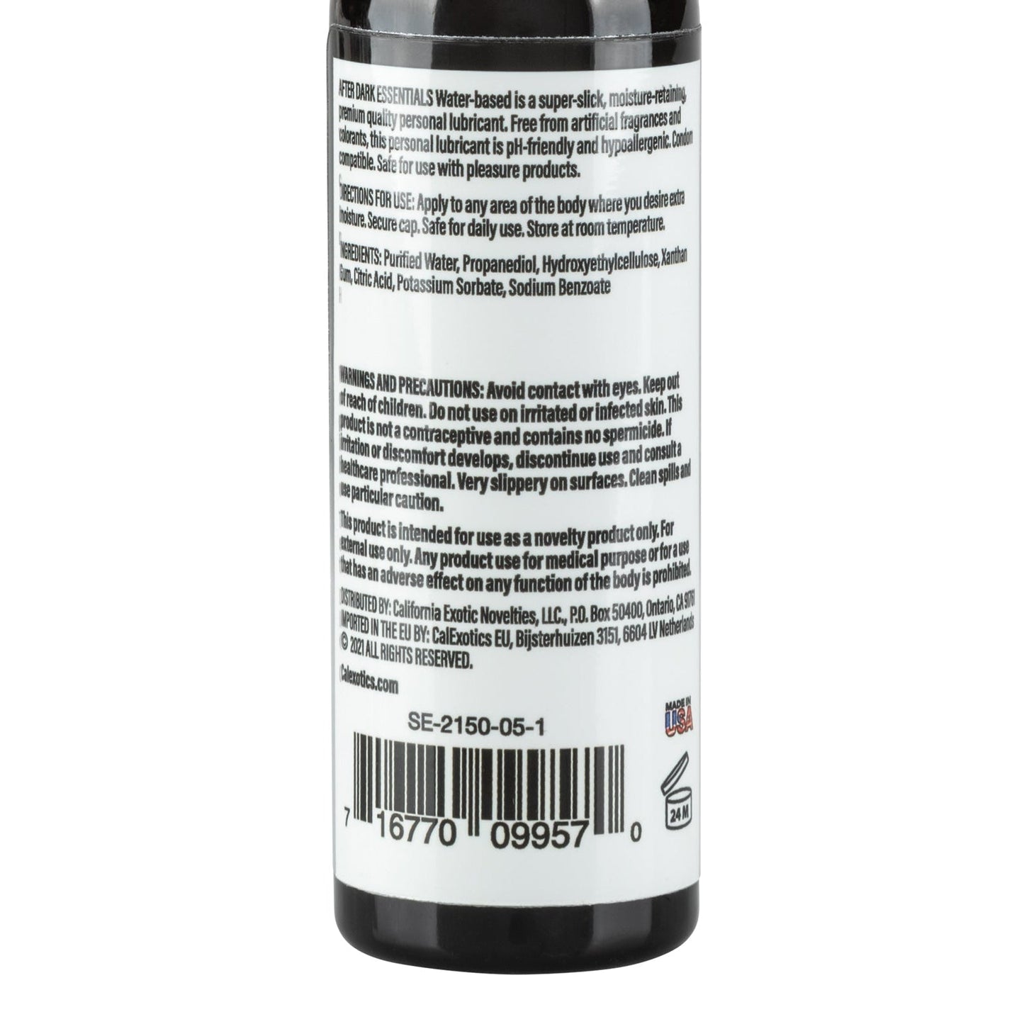 The After Dark Essentials Water Based Personal Lubricant by California Exotic Novelties lists ingredients, directions, and warnings on the back, emphasizing its fragrance-free formula for sensitive skin. A barcode and USA flag graphic are at the bottom of the label, which indicates its a personal care product.
