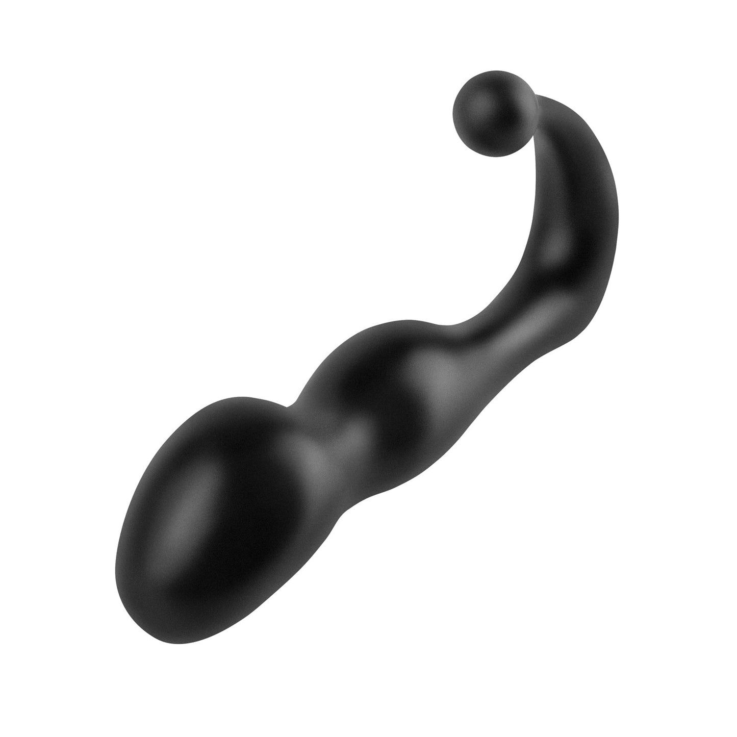 The Anal Fantasy Collection Perfect Plug by Pipedream is a black, phthalate-free silicone prostate massager with a bulbous head and smaller spherical tip, designed for internal use. It features an ergonomic design for anal play and sits against a plain white background.