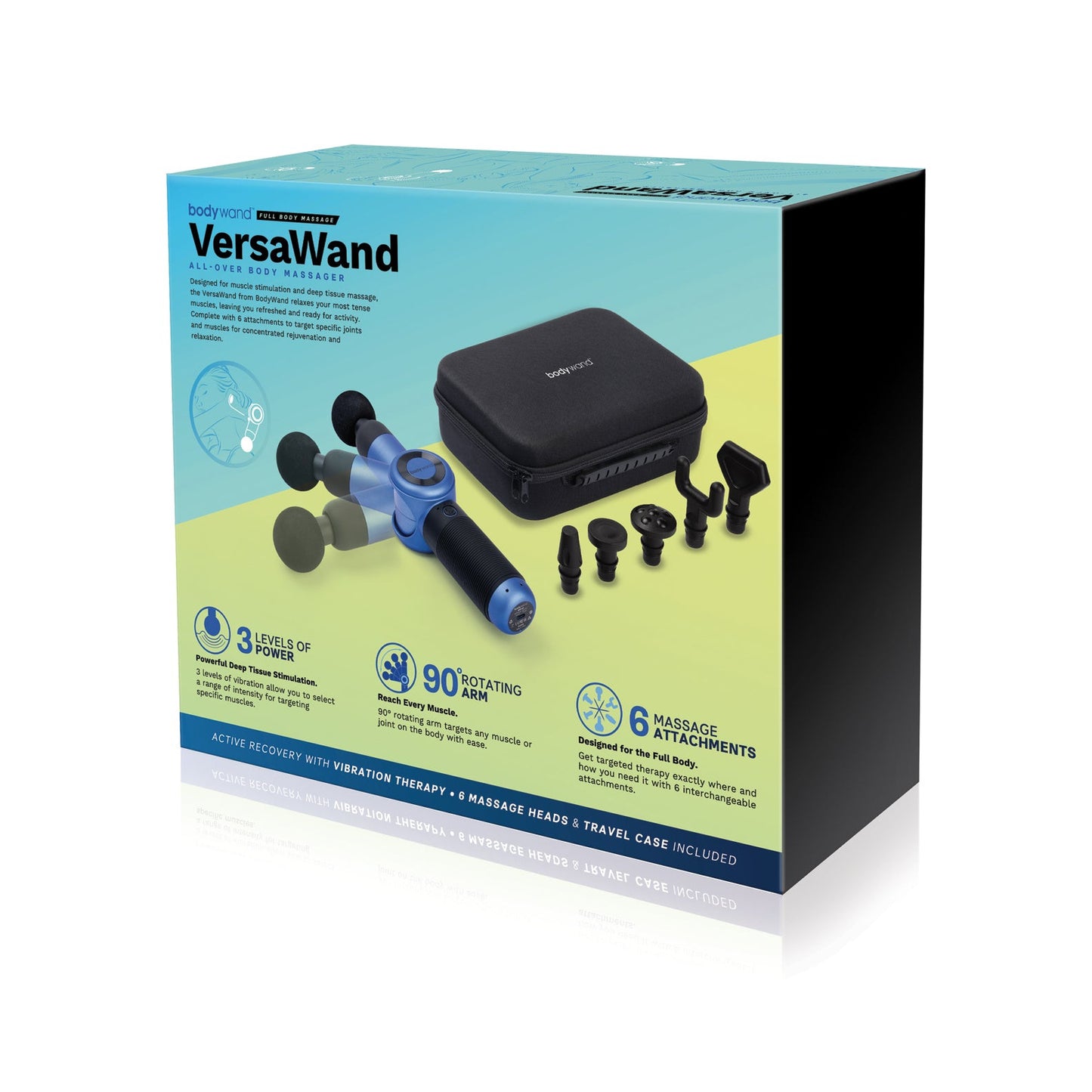 The XGen Bodywand VersaWand massager features a stylish blue handheld device with a black carrying case and six interchangeable attachments, emphasizing three power levels and a 90-degree rotating head for optimal relaxation.