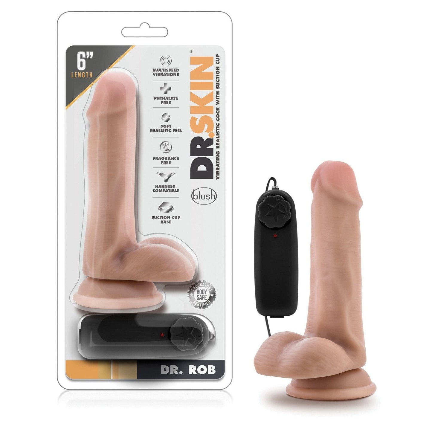 The Blush Novelties Dr. Skin 6 Cock features a suction cup base for hands-free use, multi-speed vibrations, and a remote control. Its harness compatible for versatile playtime options.