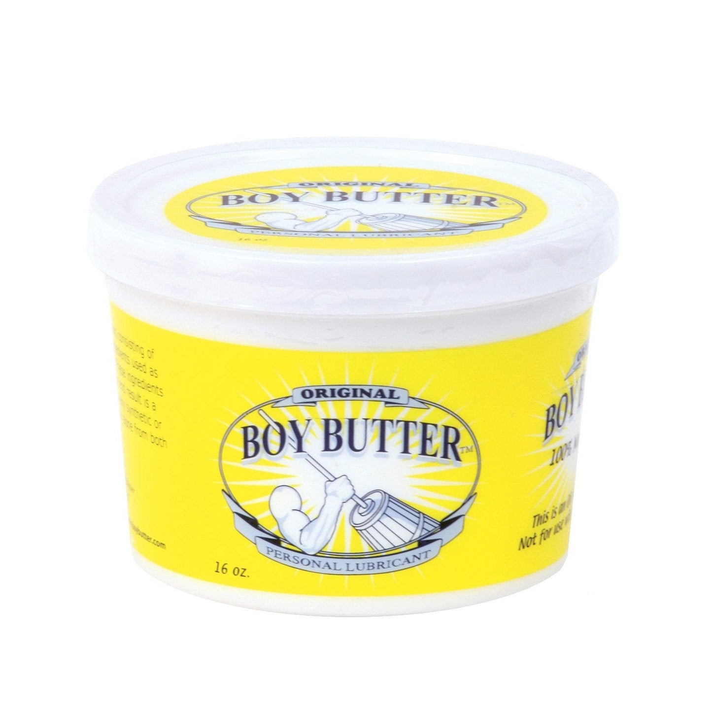 The Boy Butter Original personal lubricant, in a yellow and white 16-oz container, features a muscular man churning butter illustration. Infused with coconut oil, it promises smoothness and reliability for a quality experience using natural ingredients.
