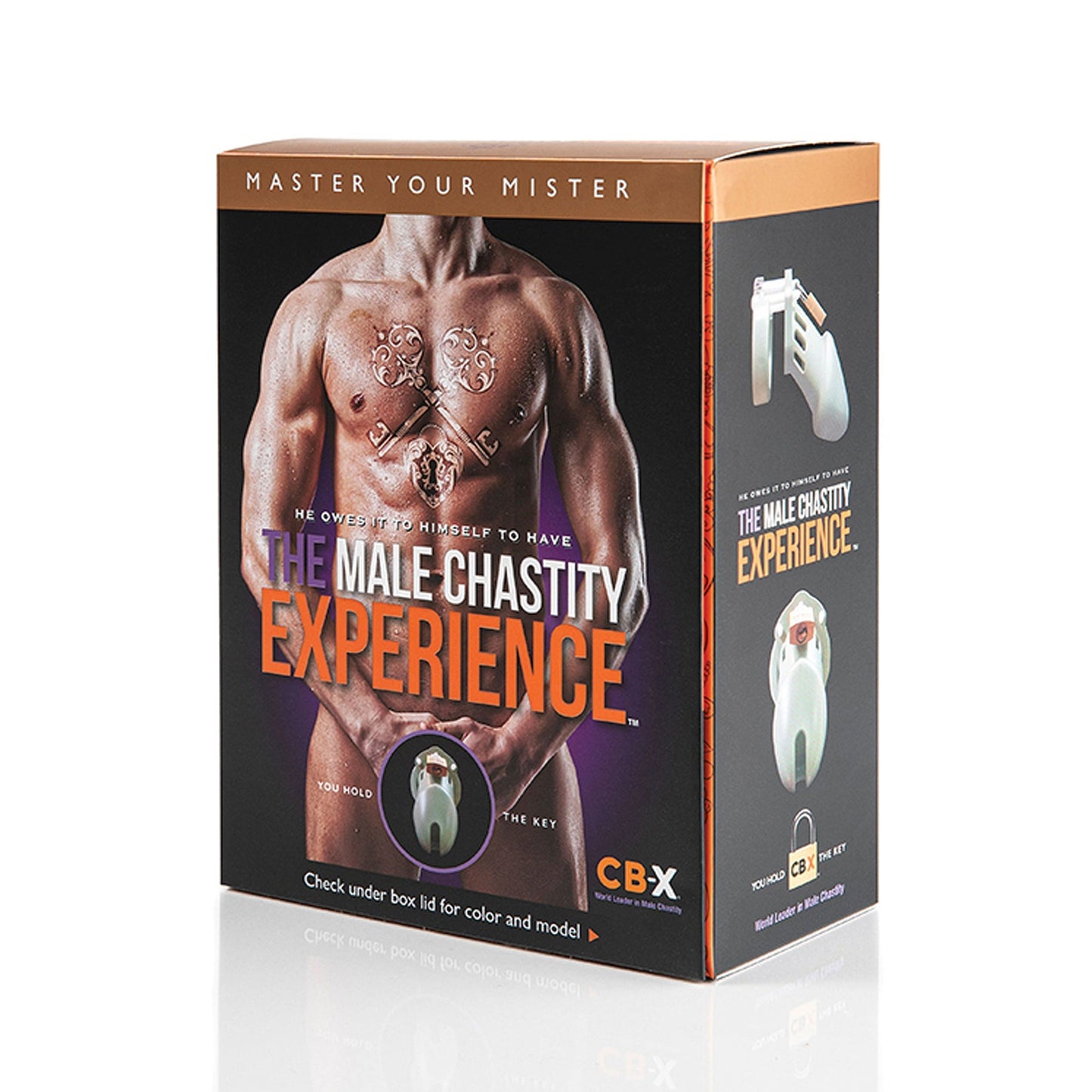 The image showcases the packaging for the CB-6000 3 1/4 Cock Cage & Lock Set by CB-6000S. The box features a muscular torso with bold black and orange text, highlighting both the product and brand name.