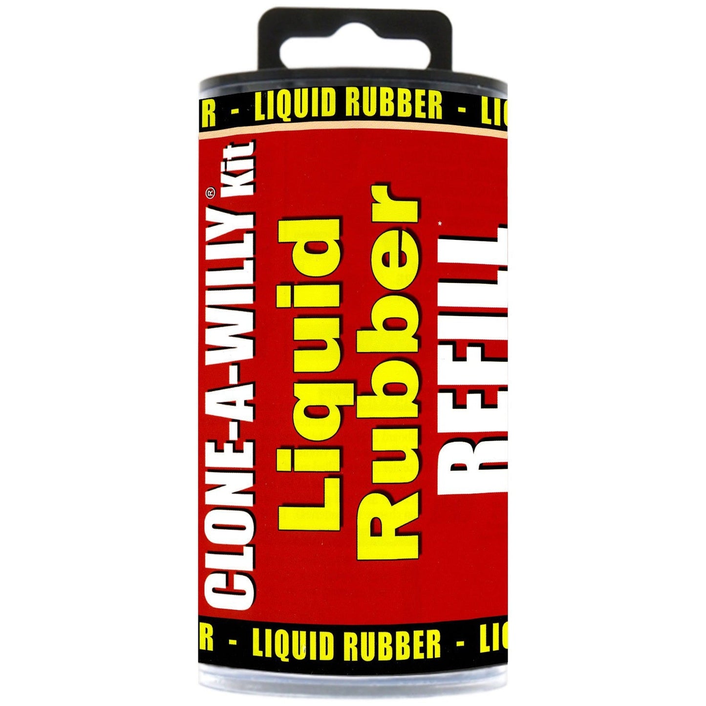 A red and black package for Clone-A-Willy Liquid Rubber Refill - Light Tone by Clone-a-willy features bold yellow letters. The innovative kit comes in a cylindrical container with repeating text on its top and bottom edges.