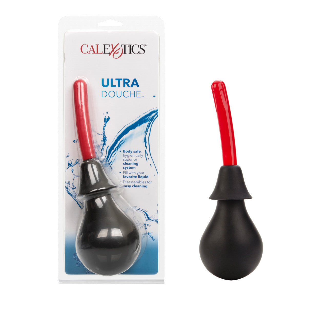 A portable black bulb with a red nozzle, labeled Colt Ultra Douche from California Exotic Novelties, is showcased with its packaging. The CalExotics package highlights the body-safe design and flexibility for a deep clean experience.
