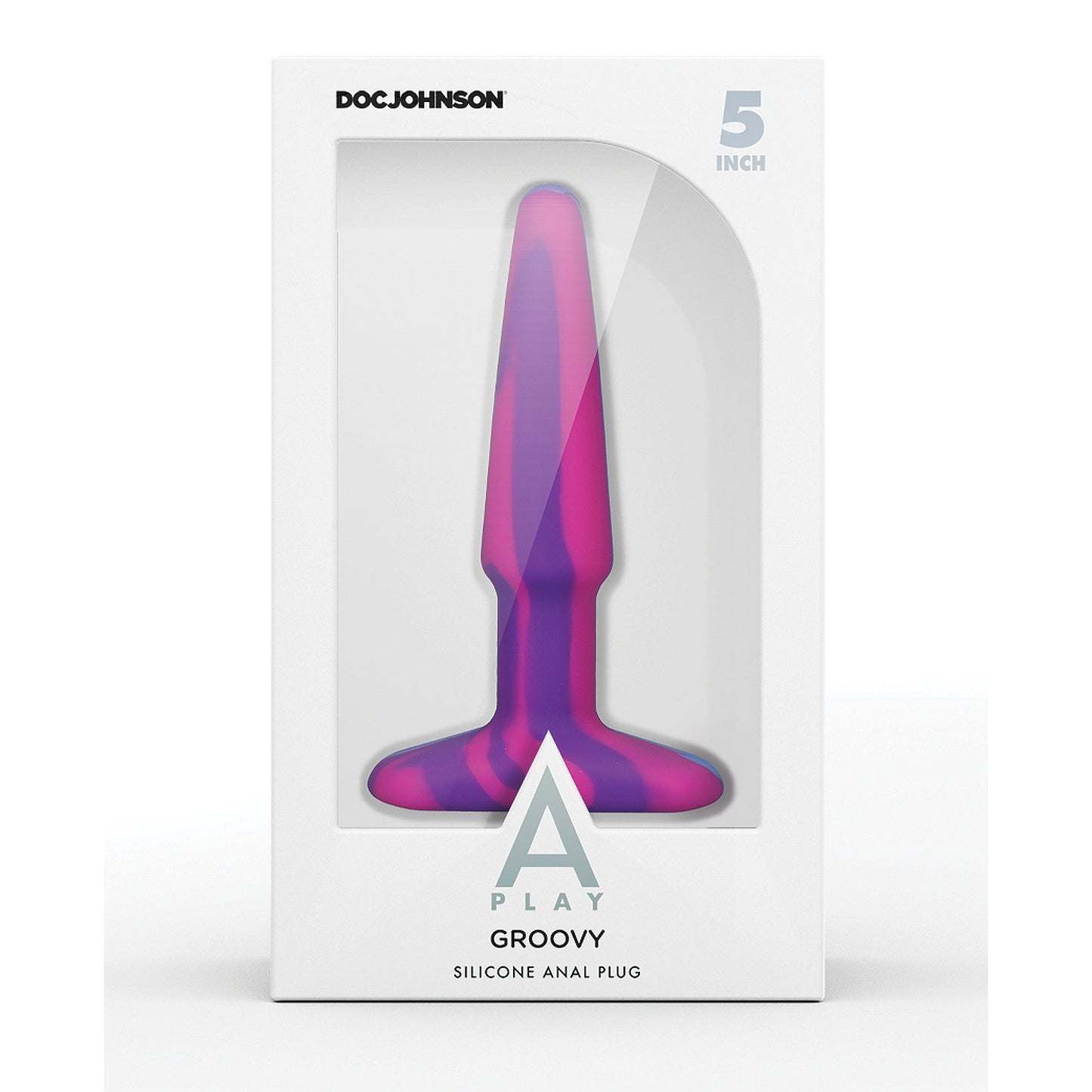 The A Play 5 Groovy Silicone Anal Plug packaging by Doc Johnson boasts a vibrant pink and purple design. Made from health-grade silicone, its 5-inch size is displayed on the upper right of the sleek white box.