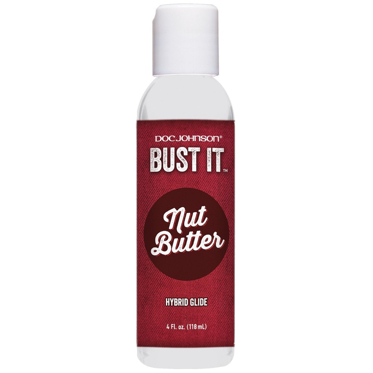 A body-safe, lifelike 4 fl oz (118 ml) bottle of Doc Johnson Bust It Nut Butter Hybrid Glide with a white cap sits against a maroon background.