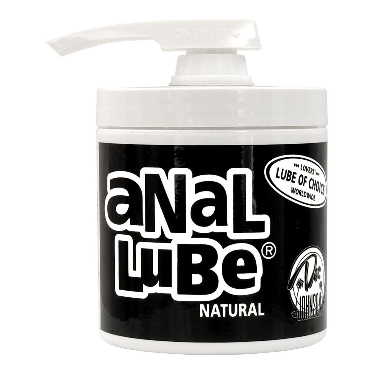 The Docs Anal Lube - 4.5 oz from Doc Johnson, featuring a pump dispenser, is labeled as the Lovers Lubricant of Choice Worldwide. This globally trusted petroleum-based lubricant stands against a plain white background with brand logos.