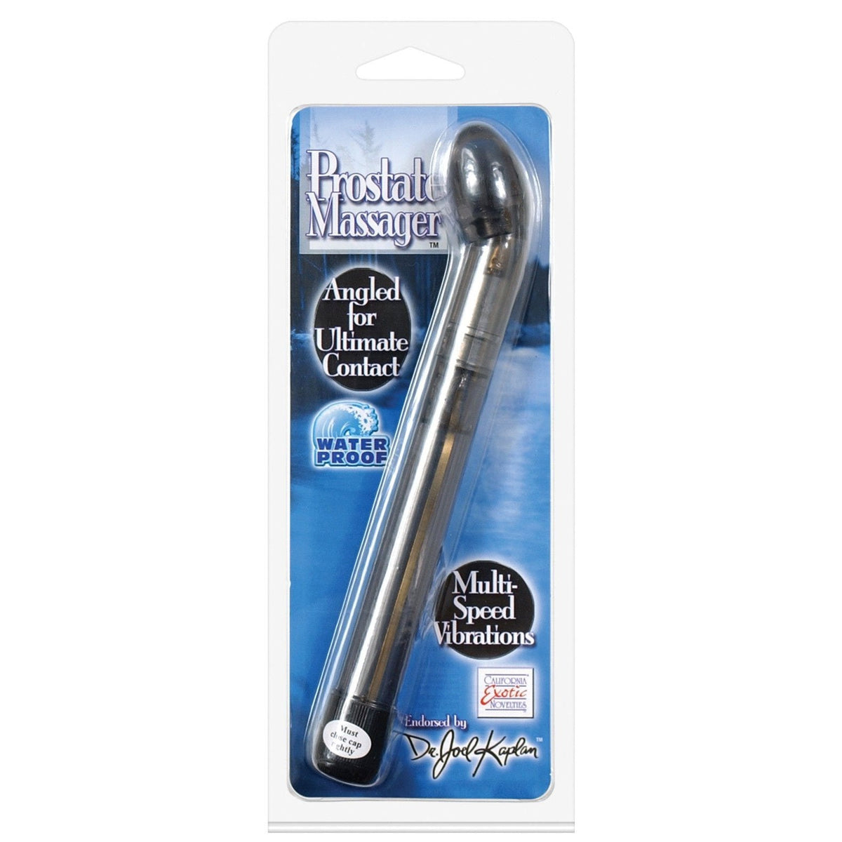 The Dr. Joel Kaplan Prostate Massager by California Exotic Novelties features blue and black packaging, a waterproof design, optimal angled contact, and multi-speed vibrations for intense orgasms—delivering more than just a device; its an experience.