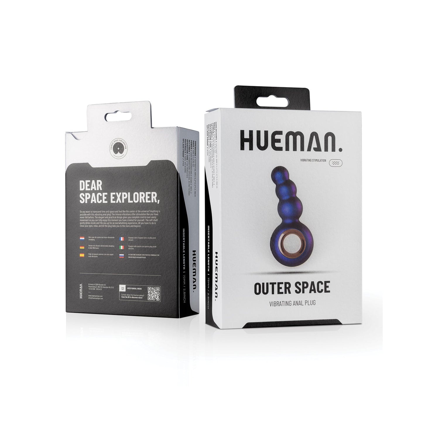 The image shows the packaging for the Hueman Outer Space Vibrating Beaded Anal Plug, designed for prostate stimulation. It features a photo of the blue, multi-beaded device on a predominantly white box with black text, emphasizing its remote control feature for convenience.
