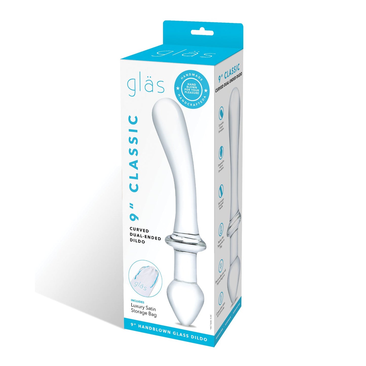 The Gläs 9 Classic Curved Dual-Ended Dildos box emphasizes versatile play with product images and descriptions highlighting its handblown glass quality, all in a white and teal design. Plus, it includes a luxury satin storage bag for elegant convenience.
