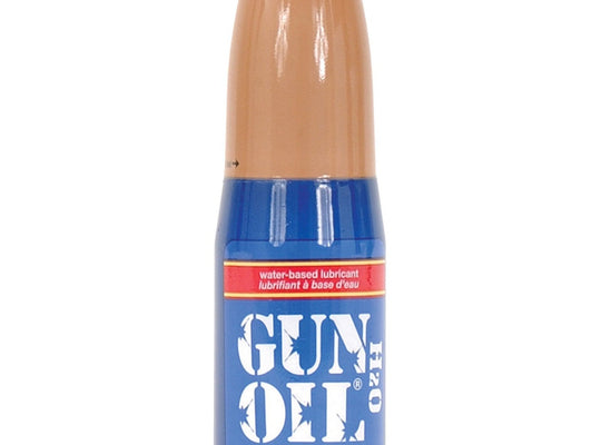 A 2 oz (59 ml) bottle of Gun Oil H2O water-based lubricant, infused with aloe vera for comfort, featuring a brown cap and blue label with the brand name prominently displayed, ensures lasting moisture.