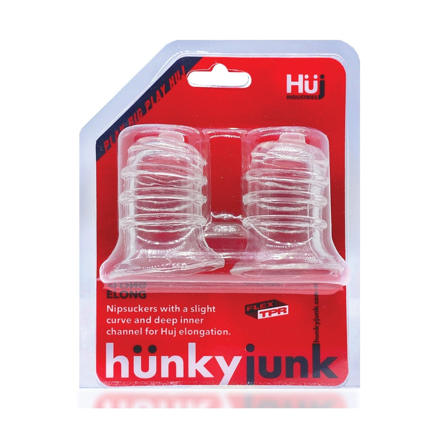 The Hunky Junk Elong Nipsuckers packaging elegantly showcases two translucent silicone caps with ribbed designs for nipple pleasure. A red label prominently displays the brand Hunky Junk and describes the product: Nipsuckers with a slight curve and deep inner channel.