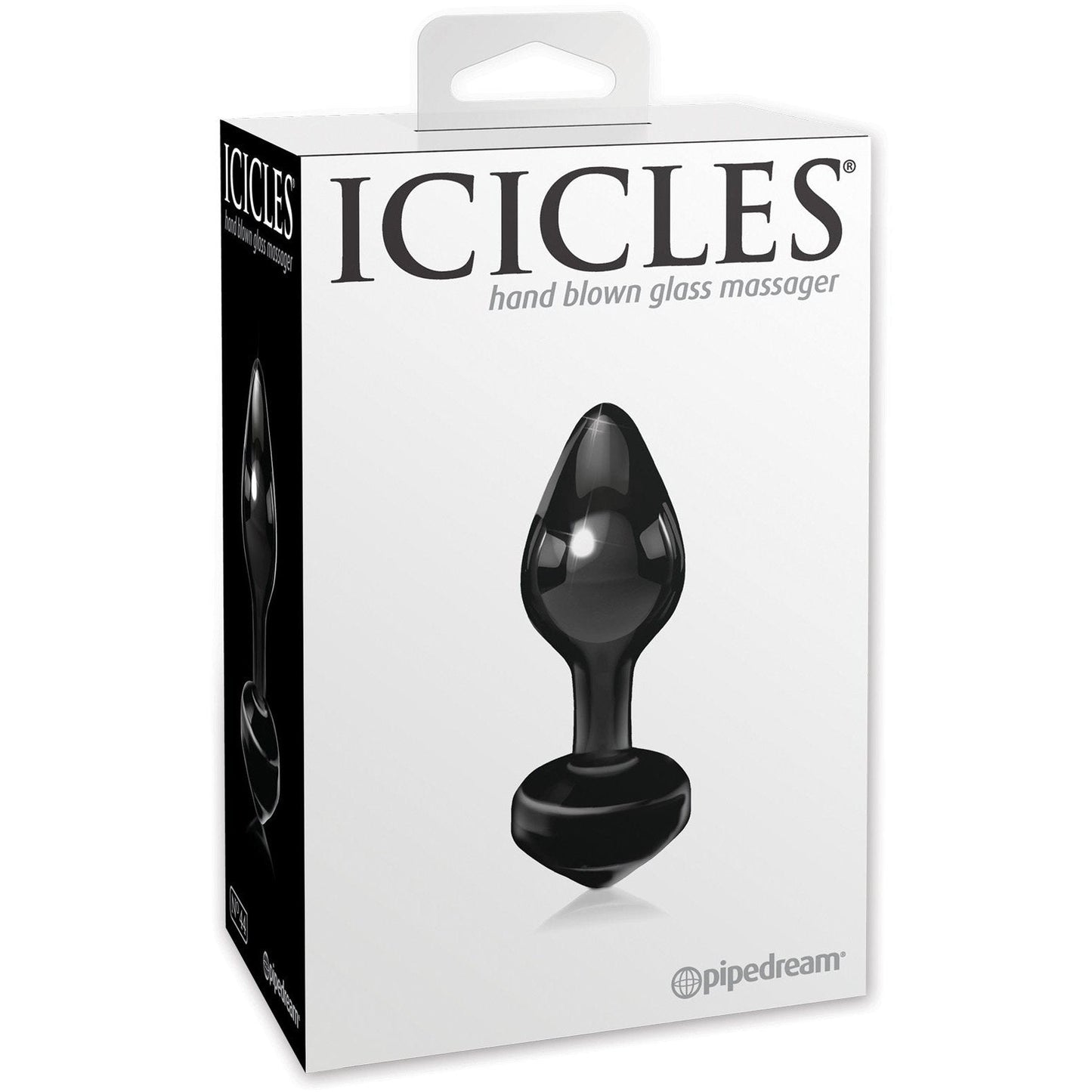 The Icicles No. 44 Hand Blown Glass Butt Plug box, showcasing the product on the front, features primarily white packaging with black text and a small handle for easy display, ideal for temperature play exploration.