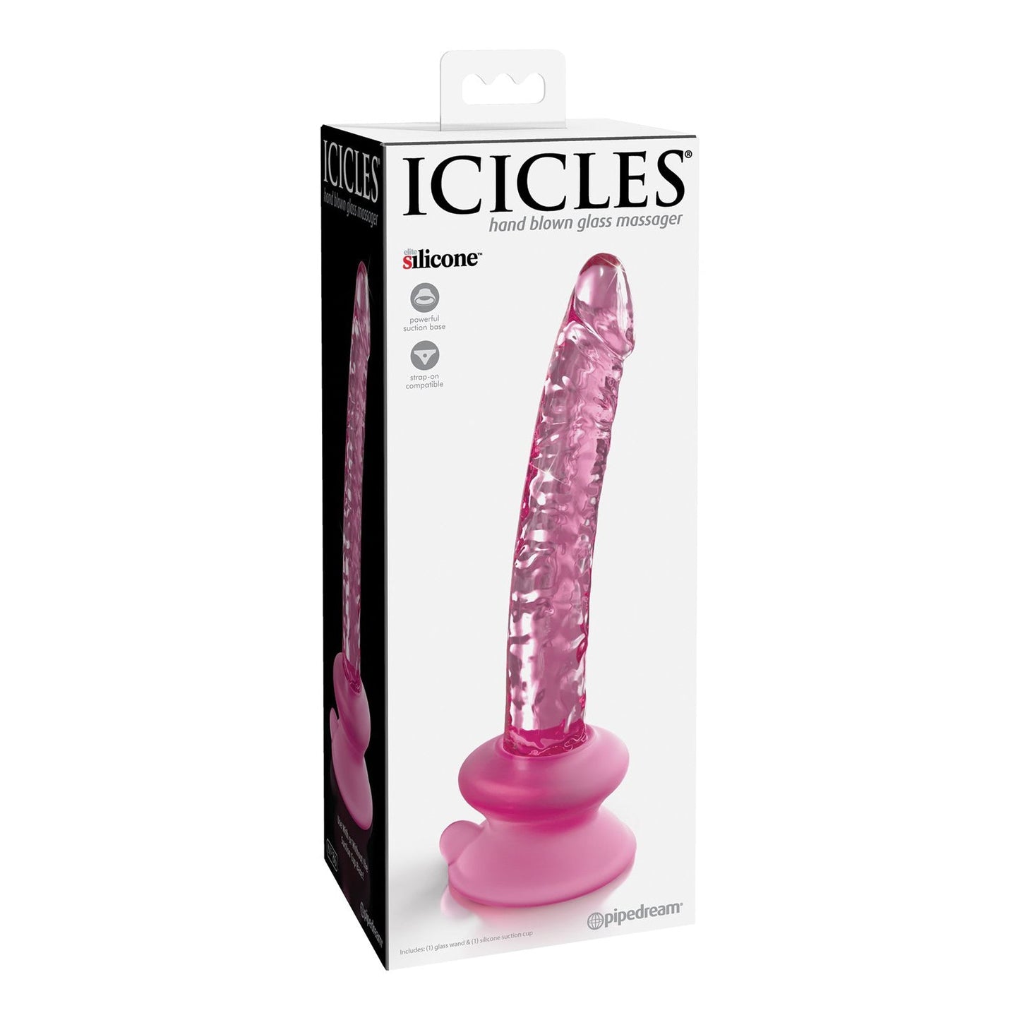 The Icicles No. 86 Hand Blown Glass Massager with Suction Cup by Icicles is packaged in a box highlighting its versatile use as a pink, textured glass dildo and massager, complete with images and details.