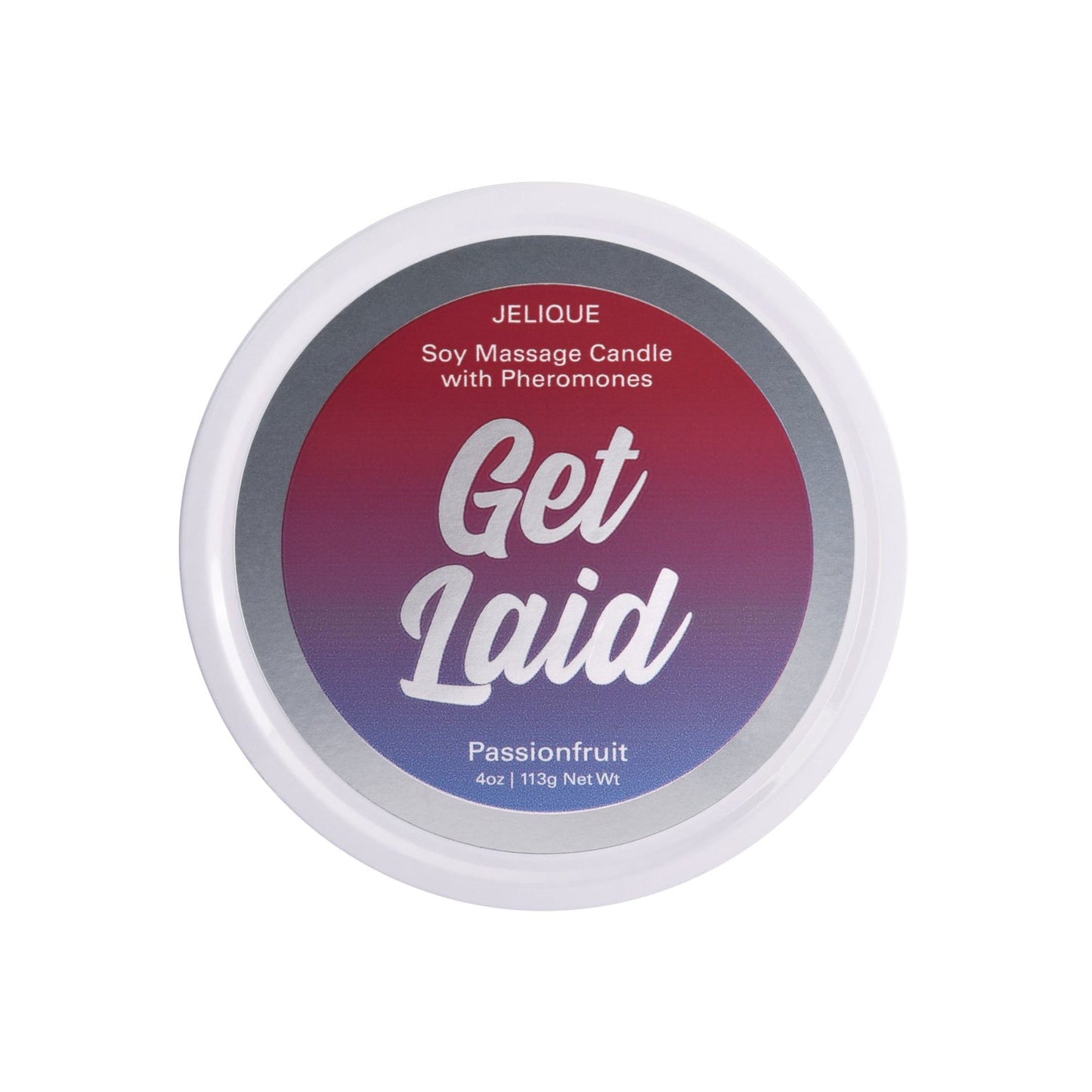 Round tin of Jelique Massage Candle with soy and pheromones in Get Laid gradient colors (purple to red), vegan-friendly, passionfruit-scented, doubles as a pheromone-infused massage oil. Weighs 4oz (113g).