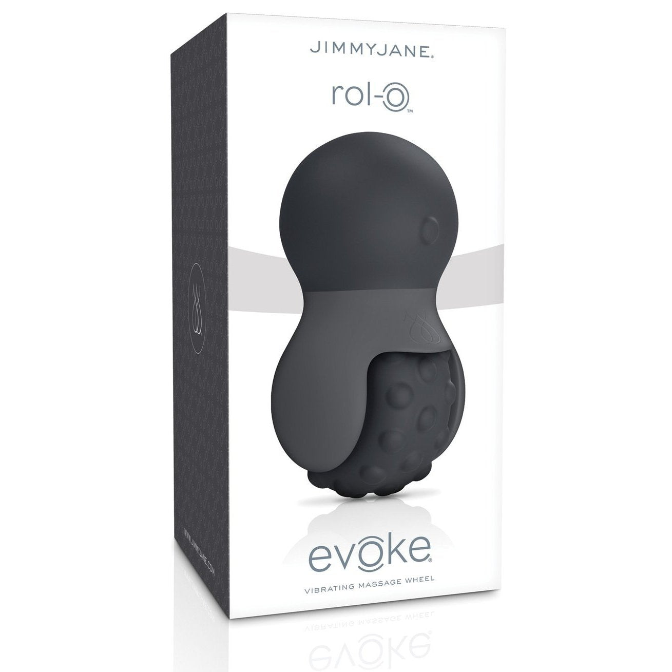 The Jimmyjane Evoke Rol-o - Black is presented in sleek packaging, featuring a predominantly grey and white box with an image of the black and grey massage wheel on the front, ideal for a sensual massage experience.