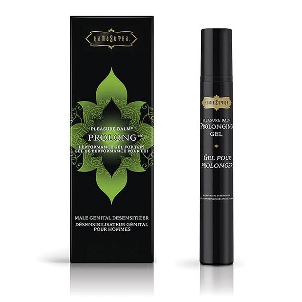 The Kama Sutra Prolong Performance Gel, a .4 oz male genital desensitizer, comes in a black box with a cylindrical bottle. It features green and gold designs with English and French text, promising enhanced sexual stamina.