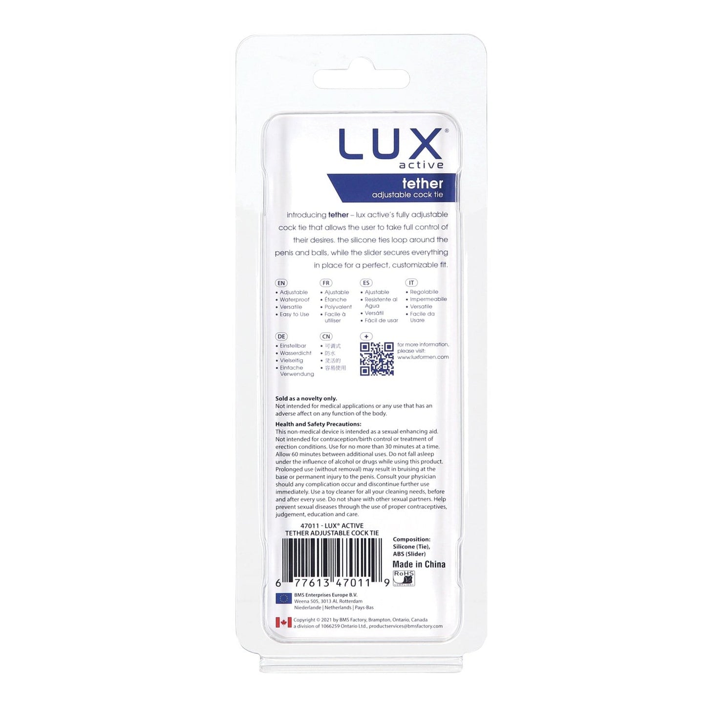 Back view of the Lux Active Tether Adjustable Cock Tie package by Adams Toy Box, made from body-safe silicone. The elegant tie enhances performance and includes product details, a QR code, a barcode, and manufacturing info. White packaging features blue and black text.