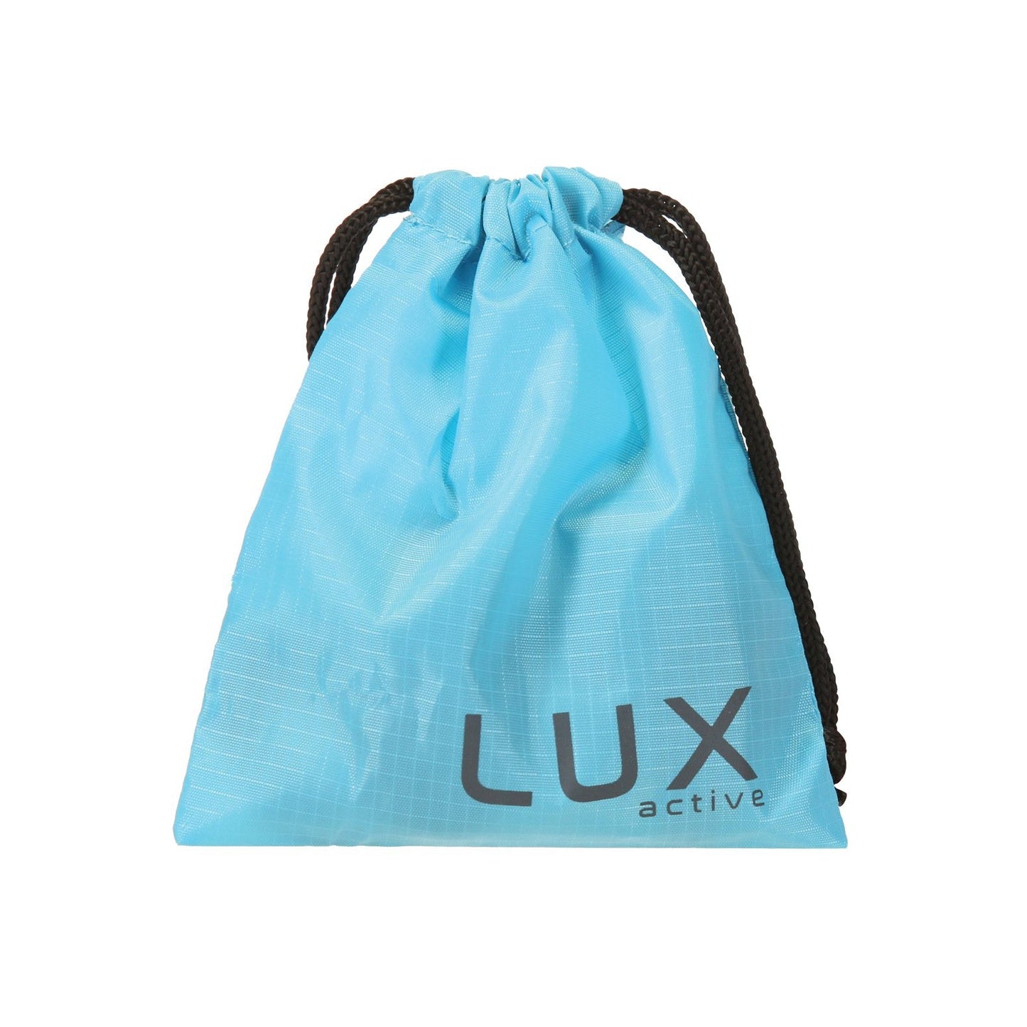 A light blue drawstring bag with black cords showcases LUX active in gray. Its slightly crinkled texture makes it perfect for discretely carrying essentials like the Lux Active Throb Anal Vibrating Massager With Remote.