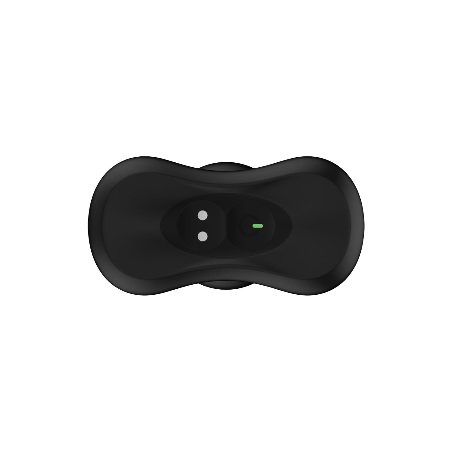 A Nexus Bolster Butt Plug by Nexus features an ergonomically designed remote in black, made of body-safe silicone. It includes two circular buttons at one end and a central green indicator light, showcasing a smooth, curved design on a plain white background.