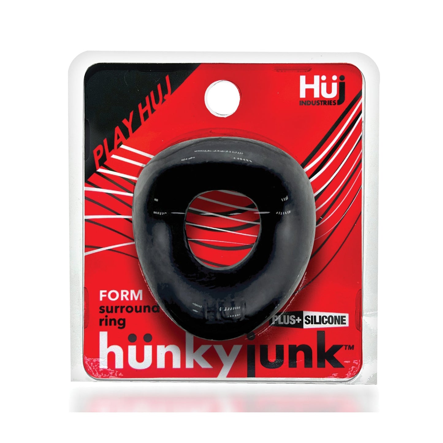 The Hunkyjunk Form Cock Ring by Hunky Junk is a black silicone blend with stretchy-rubber design for comfort and performance. It comes in a striking red and white package displaying Play Huge and Form Surround Ring Plus+ Silicone.