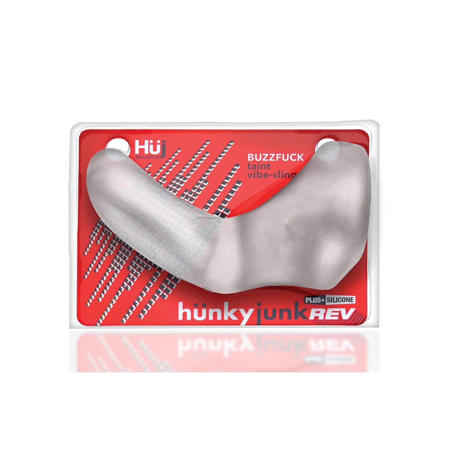 The packaging of the Hunky Junk Buzzfuck Sling With Taint Vibe showcases a transparent, curved silicone item designed for pleasure. Set against a red background with diagonal text lines and a bold plus silicone note, its perfect when paired with a waterproof vibe for an intensified experience.