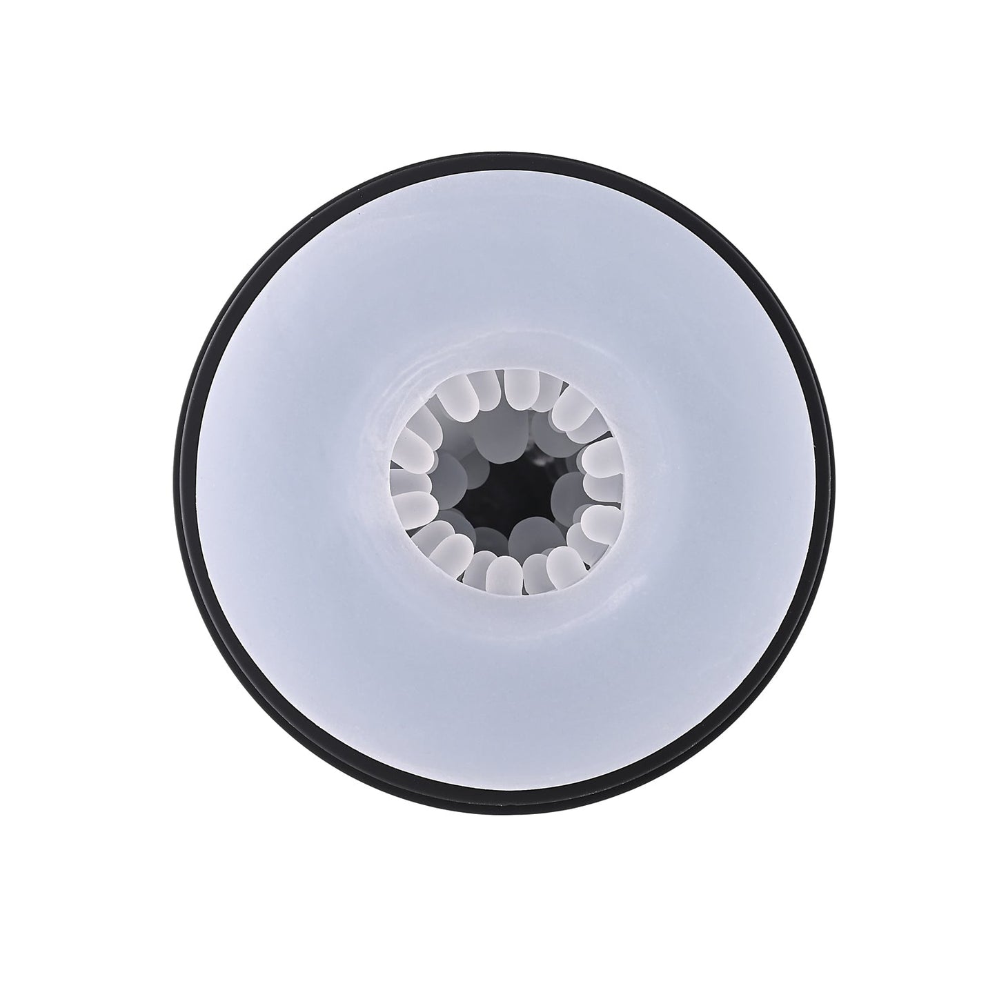 Close-up of the Playboy Pursuit Of Pleasure Stroker - 2 AM, showcasing its gear-like design with a white outer ring and curved center structures hinting at pleasure. Seen from above against a pristine white background, it reflects premium craftsmanship.