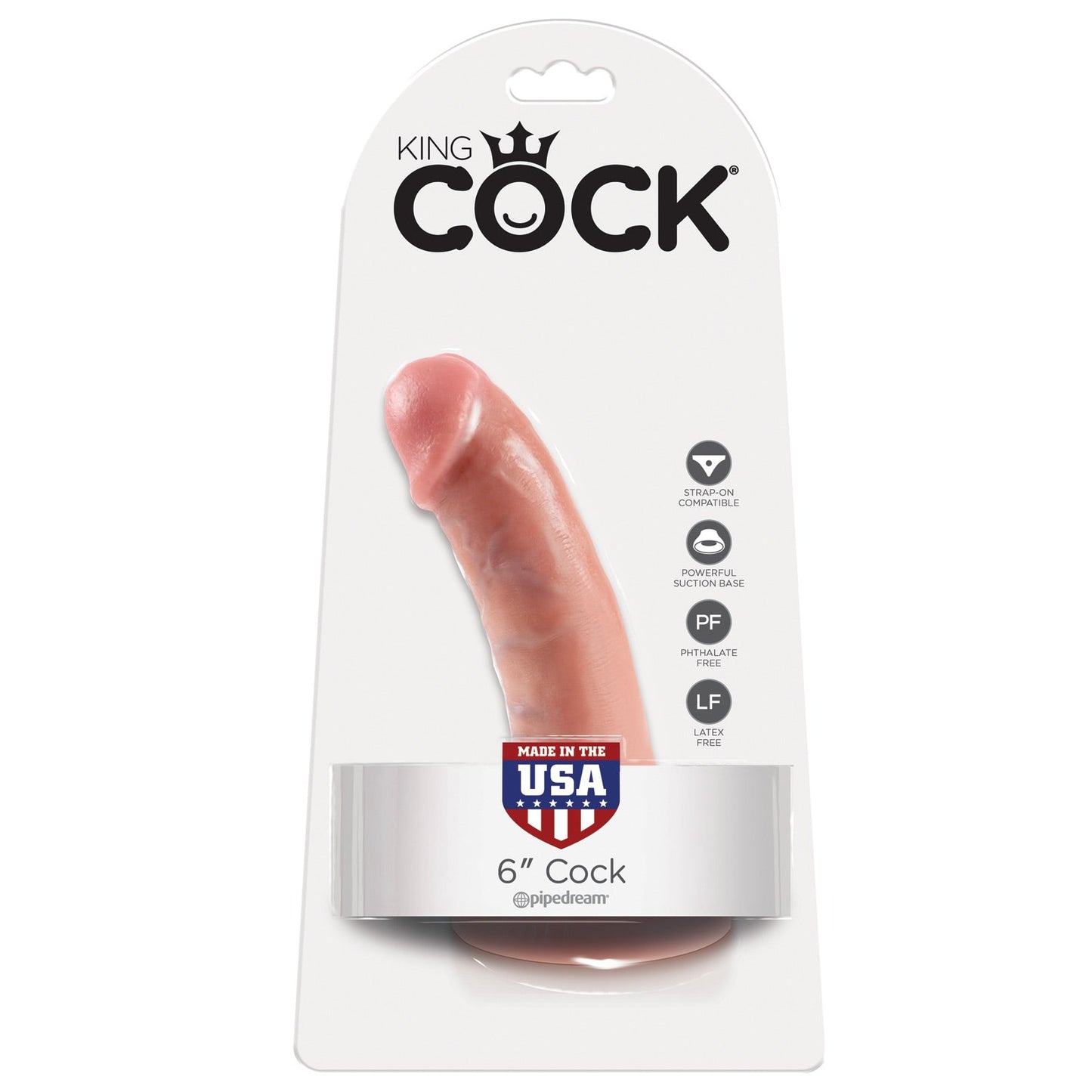 The King Cock 6 Realistic Gay Dildo by Pipedream highlights its lifelike design with Made in the USA on the packaging, icons for Strap-On Compatible, a strong suction cup base, and assurances that its Phthalate Free and Latex Free, emphasizing its realistic qualities.