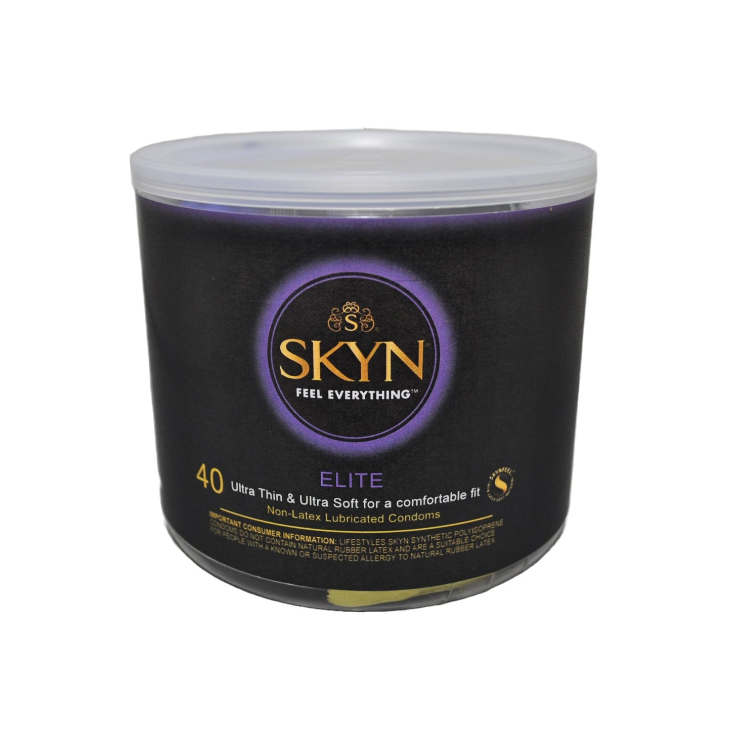 A clear cylindrical container labeled Lifestyles SKYN Elite Thin Condom contains 40 of the thinnest, ultra-soft non-latex lubricated condoms for maximum sensation. The black packaging with gold and purple accents enhances the premium appeal of LifeStyles SKYN Elite Condoms.
