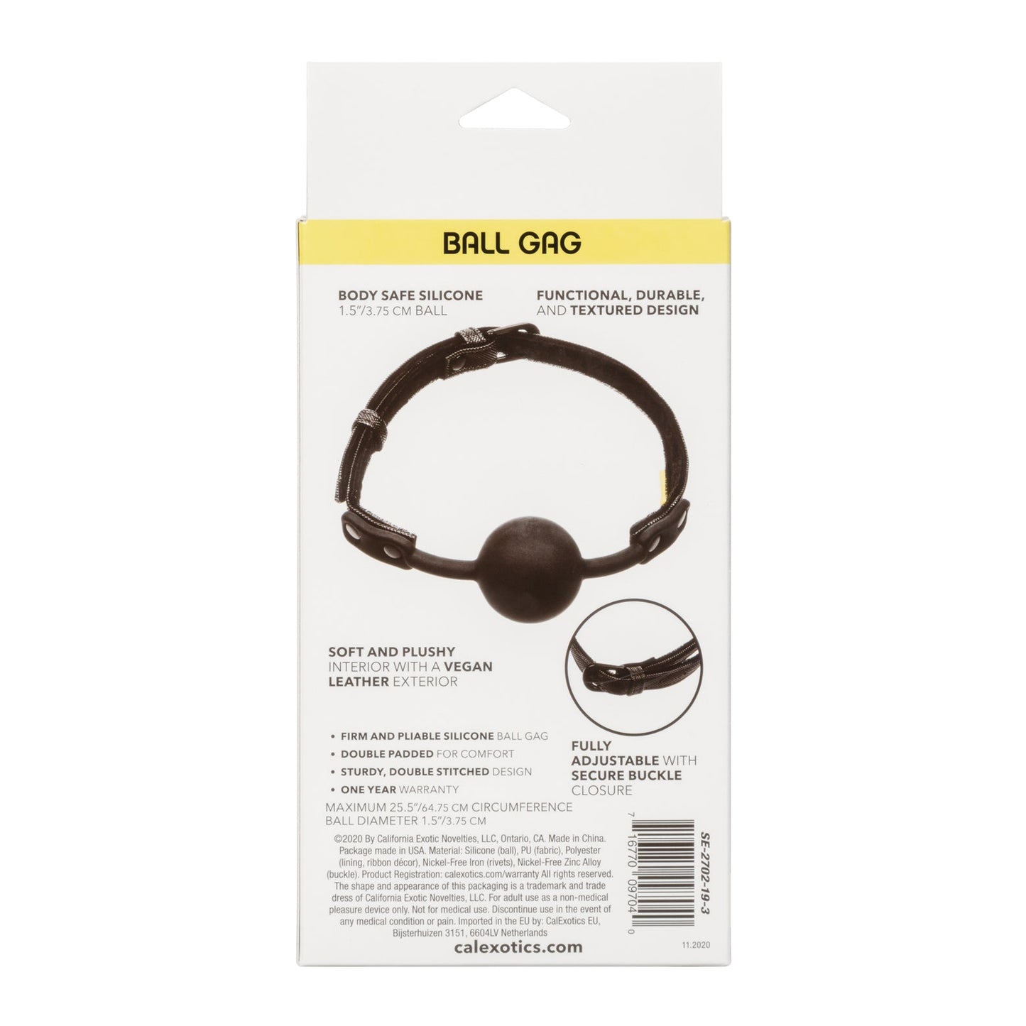 The packaging for Boundless Ball Gag by Spartacus features a black silicone ball with an adjustable strap, designed as a premium gay sex toy. It emphasizes its body-safe silicone, vegan leather exterior, comfort padding, and secure buckle closure. Product details and brand info are included at the bottom.