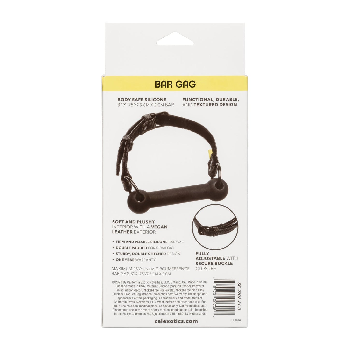 The packaging for the Boundless Bar Gag includes a product image. This adult toy, made of body-safe silicone with a vegan leather exterior, offers softness, a plush interior, and an adjustable buckle closure. The brand California Exotic Novelties is prominently displayed.