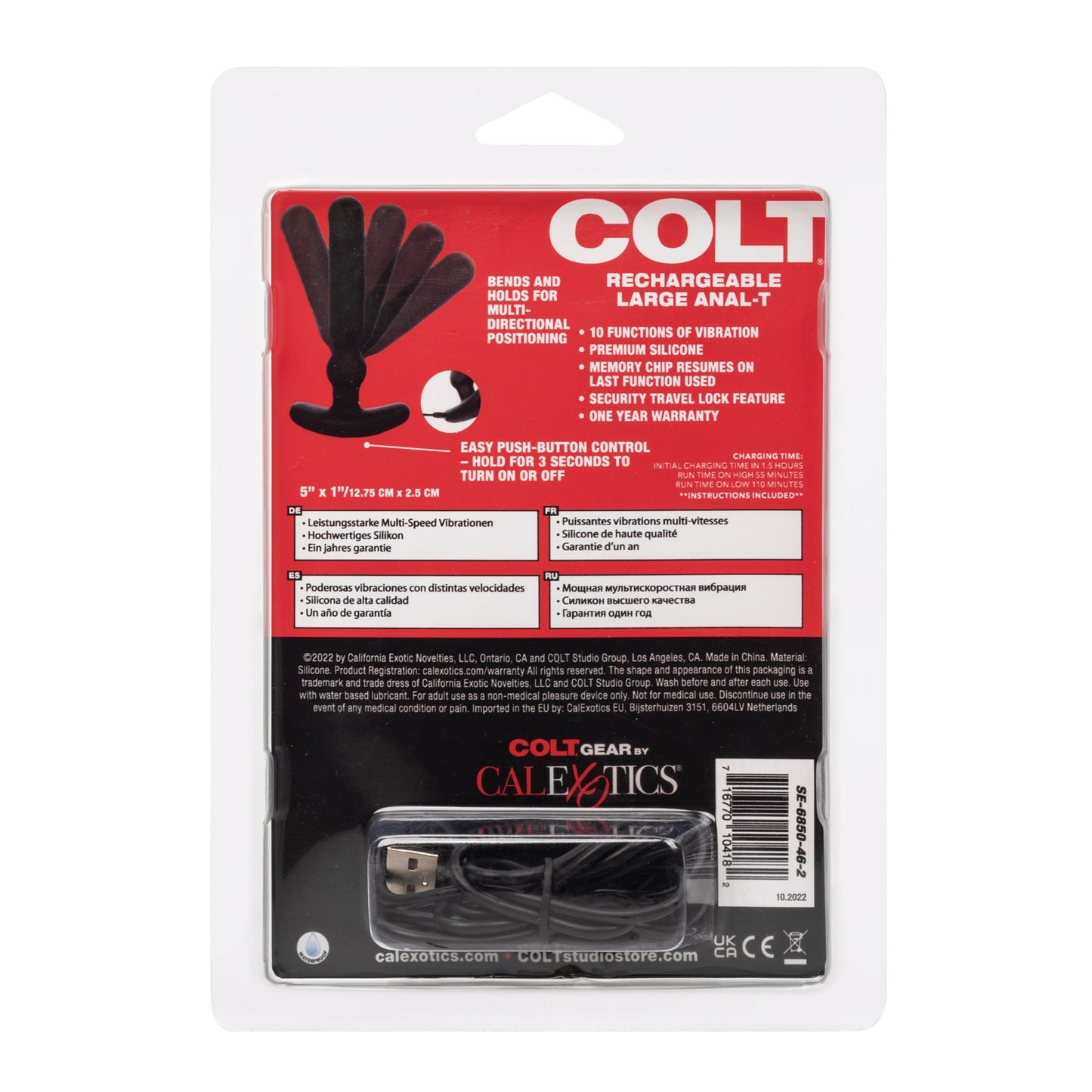 The Colt Rechargeable Anal-T - Large by Colt features a sleek black silicone design, USB charging cable, waterproof build with 10 vibration functions, bendable positioning, easy push-button control, and comes with a one-year warranty.