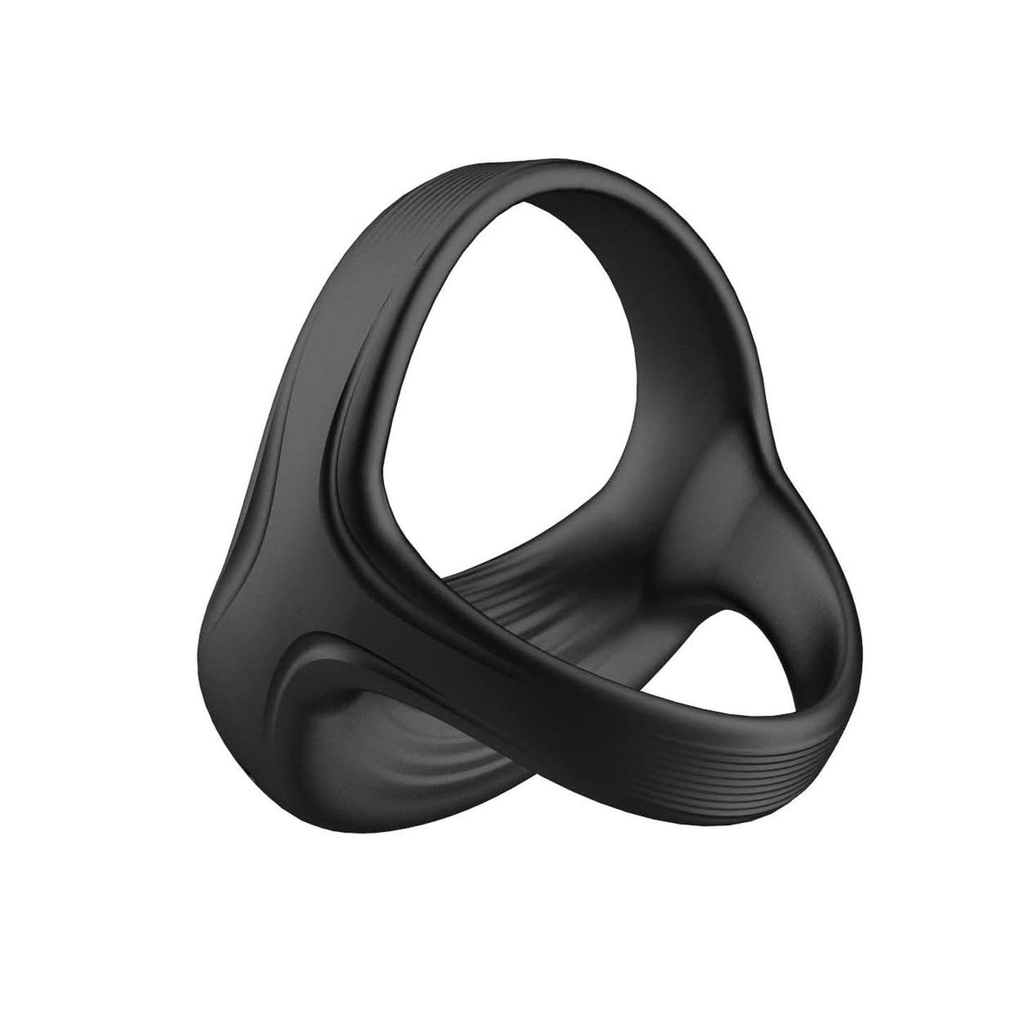 The Sport Fucker Motovibe Sling Cockring With Remote by 665 inc in black is a sleek and abstract three-dimensional geometric ring with smooth surfaces and subtle grooves, now upgraded with IPX7 waterproof features for enhanced durability.