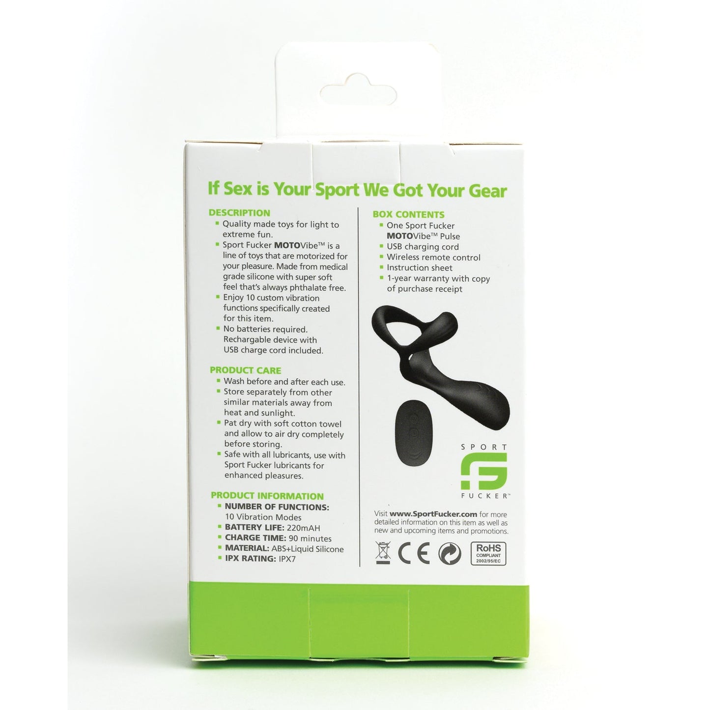 The Sport Fucker Motovibe Pulse Cockrings packaging highlights its water-resistant design, USB charging, rechargeable nature, warranty, and compatibility with a wireless remote control.