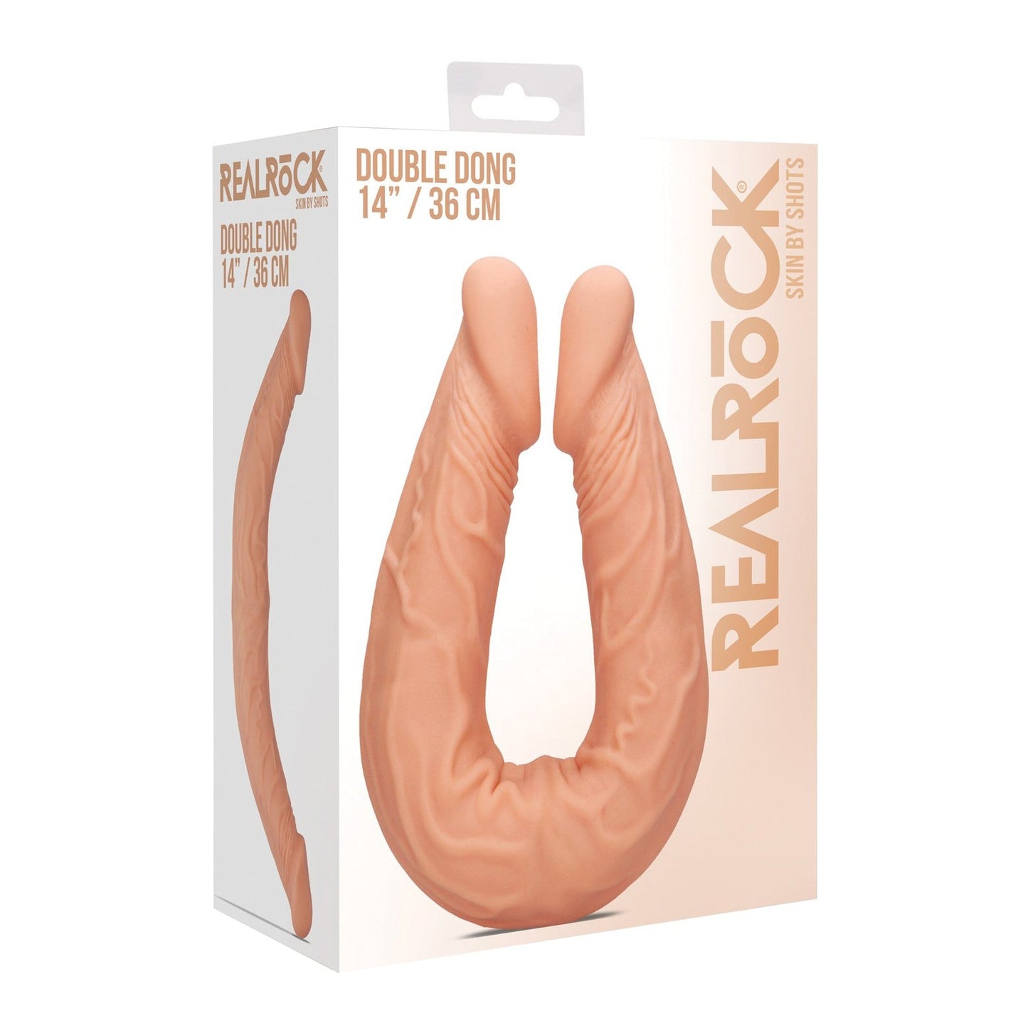 The box showcases a realistic-looking double-headed dildo labeled Shots RealRock 14\ Double Dong - Flesh. Made of soft silicone, the simple packaging features white and orange hues.