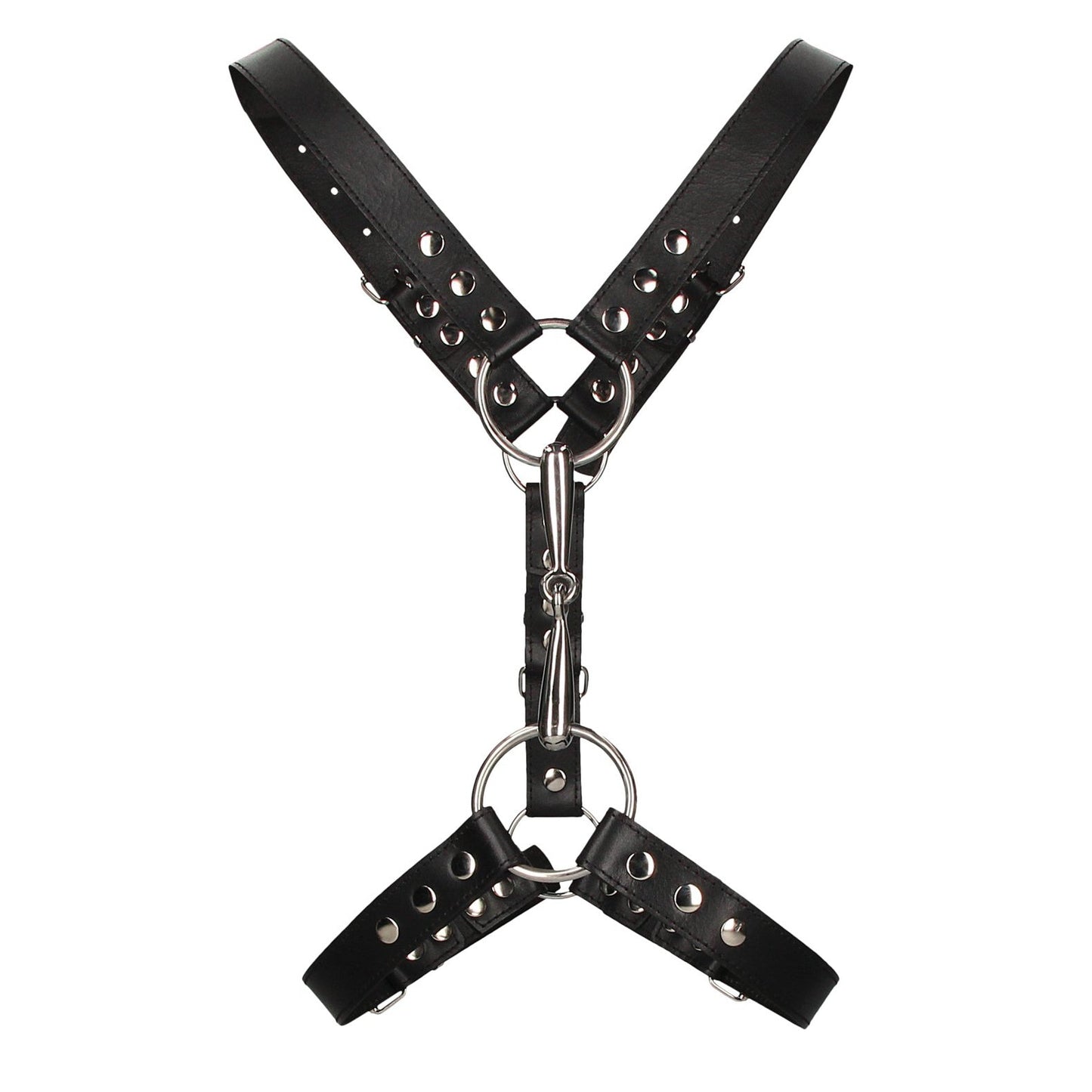The Shots Ouch Uomo Mens Harness with Metal Bit, featuring metal studs and rings in a Y-shape design, is an ideal addition to your bondage accessory collection.