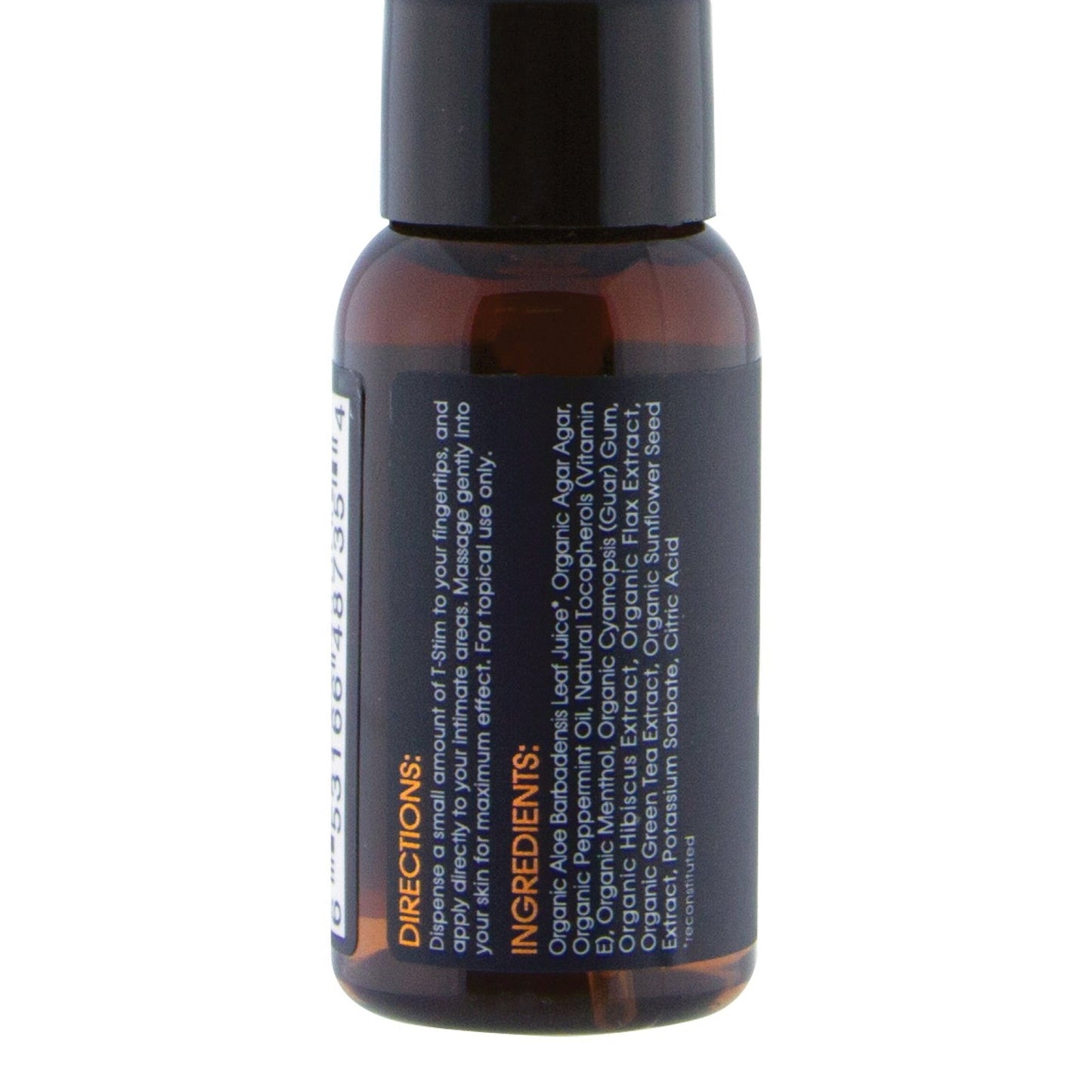 The Sliquid Buck Angel T Stim is a small amber bottle featuring a black label with directions and ingredients lists. It contains oils, extracts, and organic compounds for topical genital wellness in trans men.