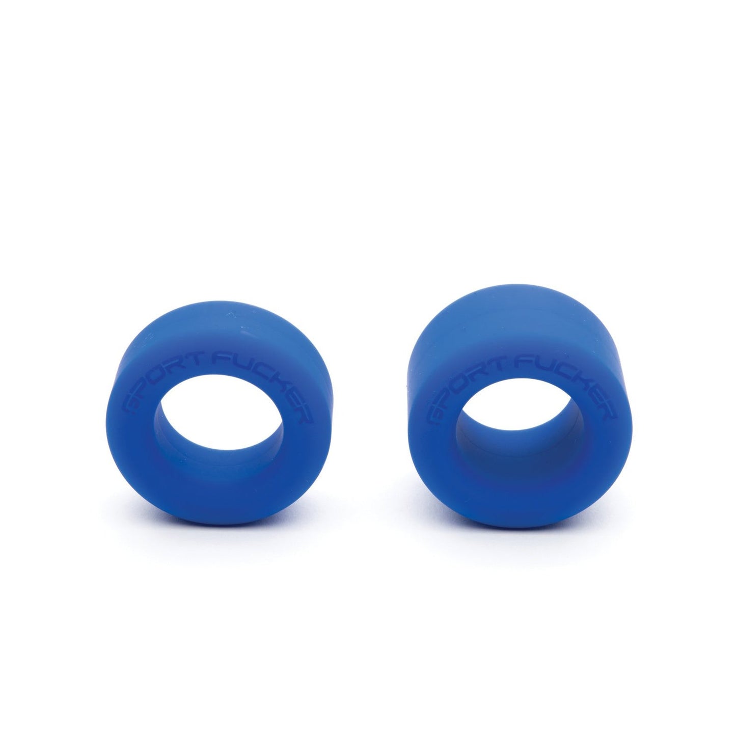 The Sport Fucker Nutt Job Ring set includes two blue silicone cock rings with SPORT FUCKER embossed on them, standing upright against a white background. Made from stretchy silicone, they also serve as ball stretchers for added versatility.