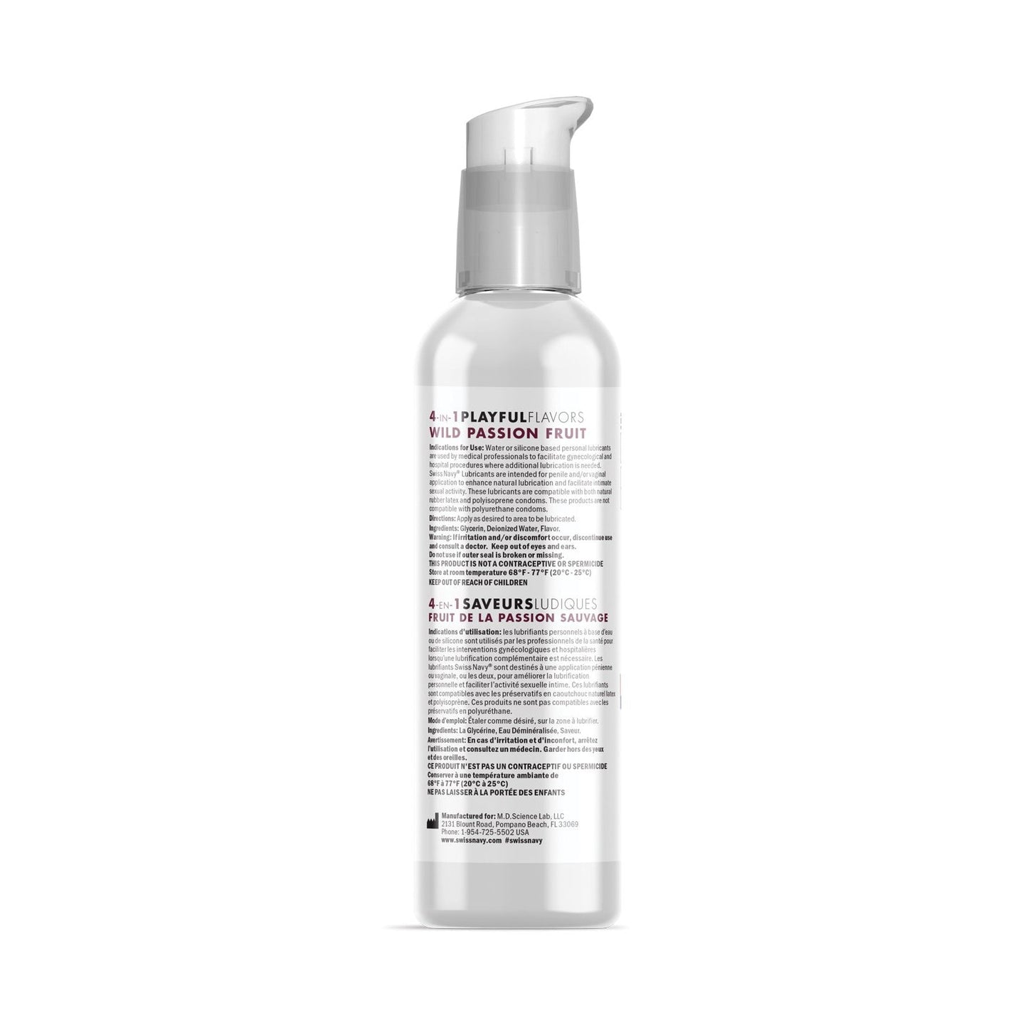 The Swiss Navy 4-in-1 Playful Flavors Wild Passion Fruit lubricant comes in a clear pump bottle. The bilingual English and French label offers an edible experience, with packaging designed to stand upright against a white background.