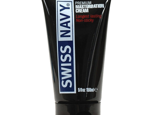 A sleek black tube of Swiss Navy Premium Masturbation Cream, labeled Longest lasting, non-sticky, offers unmatched slickness for an exceptional experience with a volume of 5 fl oz (150 ml).