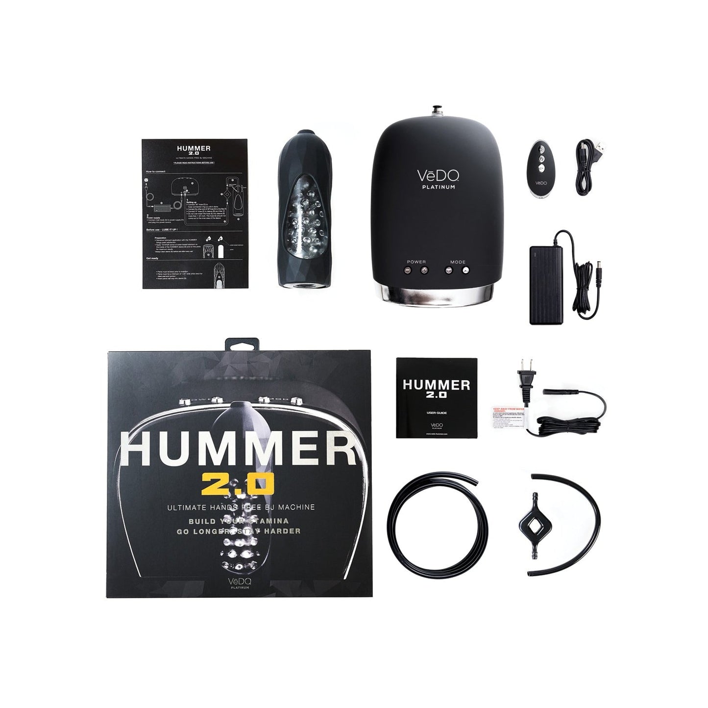 Image of the VeDO Hummer 2.0 Masturbator kit, a top automatic suction device, including the main unit, sleeve, remote control, power adapter, charger, two cables, ring, and documentation. The packaging prominently displays the Hummer name.