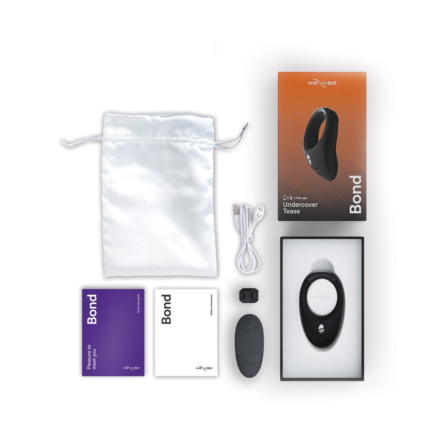 The We-Vibe Bond collection includes a black wearable device made of body-safe silicone, with a remote control, charging cable, and storage pouch. Instruction manuals are provided for setup. Everything comes in a sleek branded box with We-Vibe Bond elegantly inscribed.