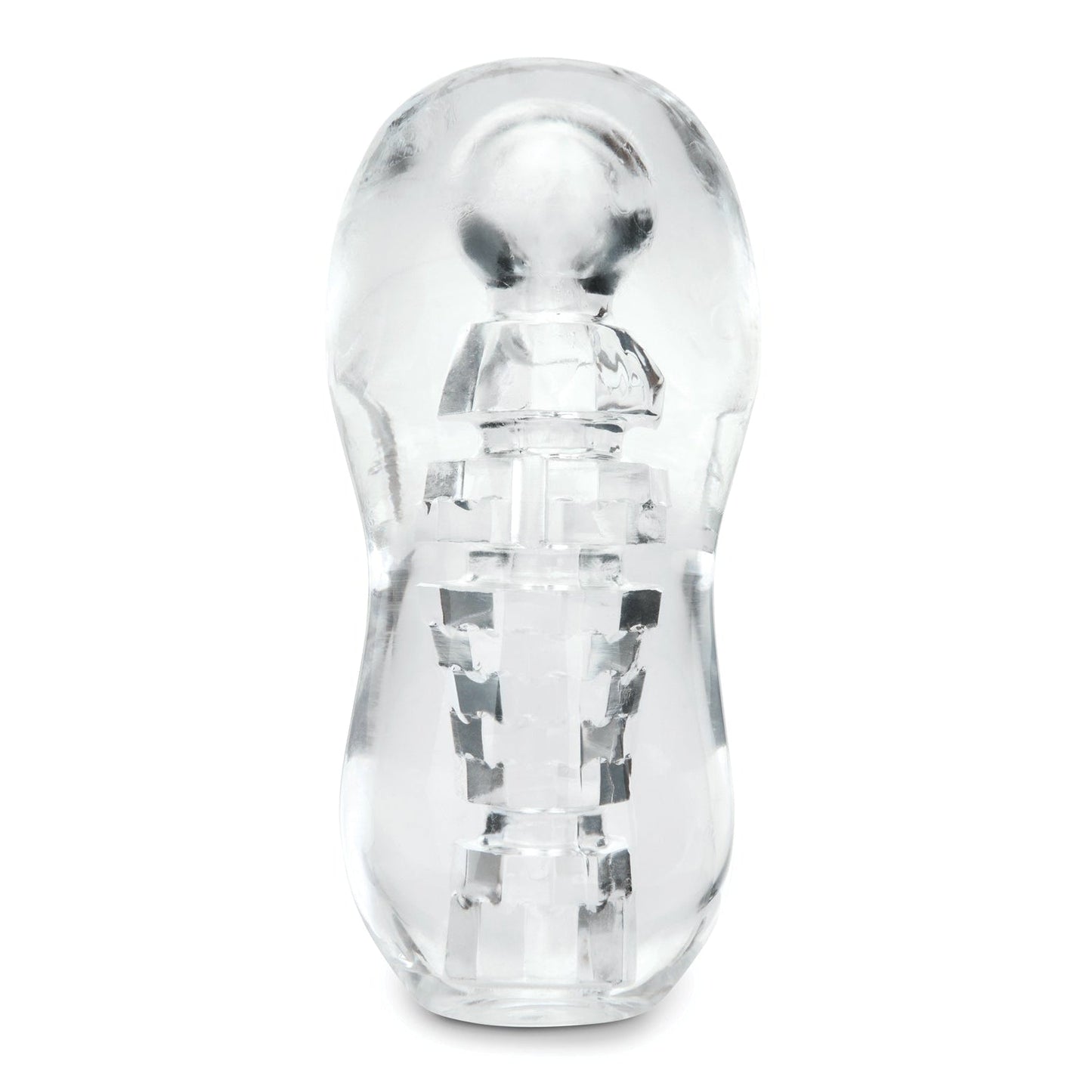 The ZOLO Gripz Spinner Stroker by Zolo is a clear, cylindrical object with a disco ball texture and an inner pattern. It features a bulbous top and tapered body, resembling a small, hollow mold, crafted from phthalate-free materials.